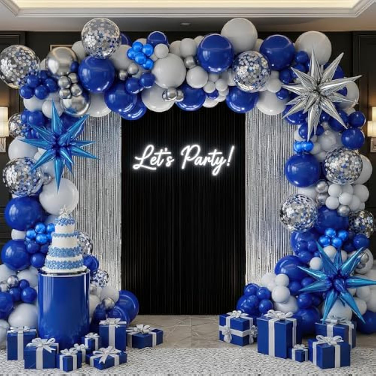 Royal Blue Balloon Garland Kit: Metallic Starbursts, Graduation Party Decor
