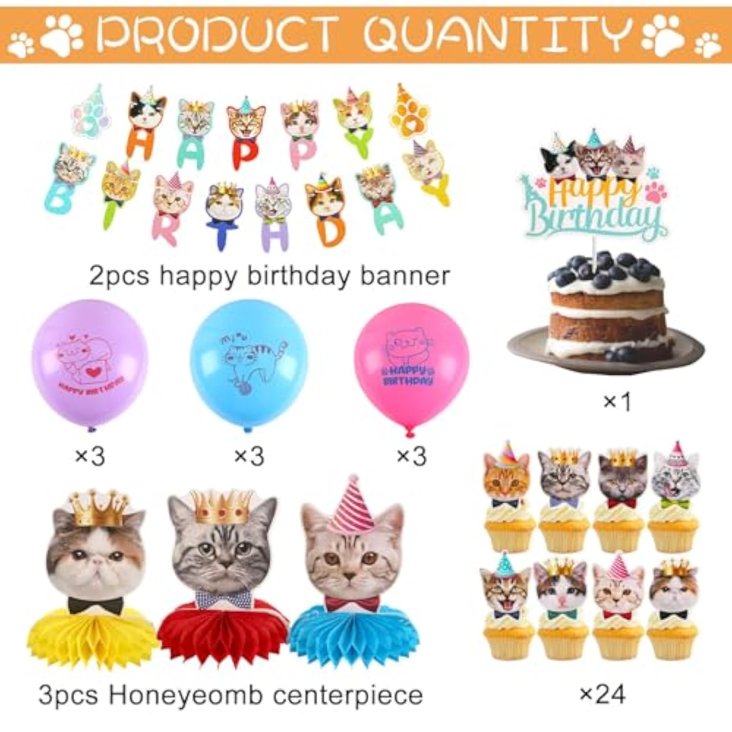 39-Pcs Cat Birthday Party Decorations with Banners, Balloons & Toppers