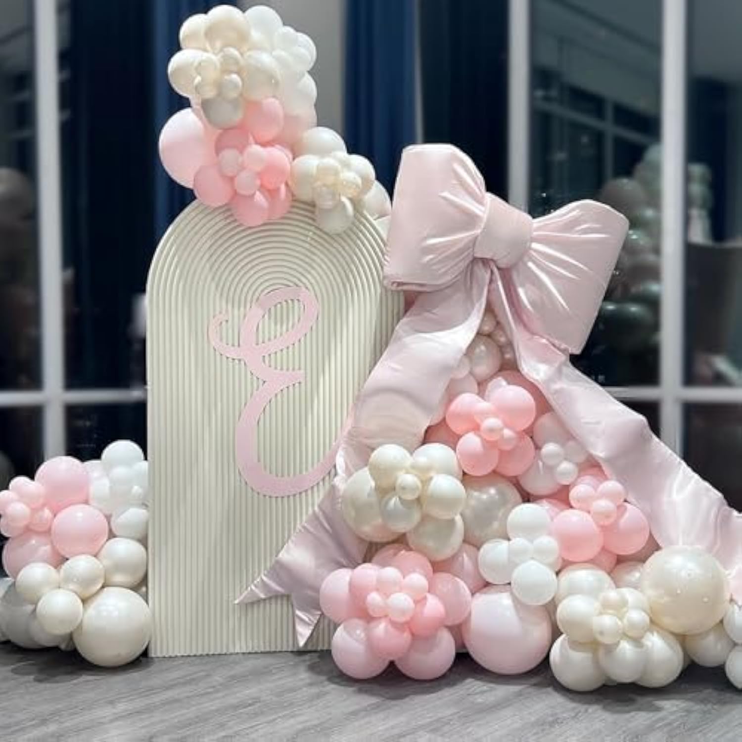 Pink Bow Balloons Arch Kit 147Pcs Coquette Birthday Decorations Pink And White Balloon With Double-Stuffed Peal White Sand Long Bobo Balloon For Girls Baby Shower Coquette Birthday Party Decorations