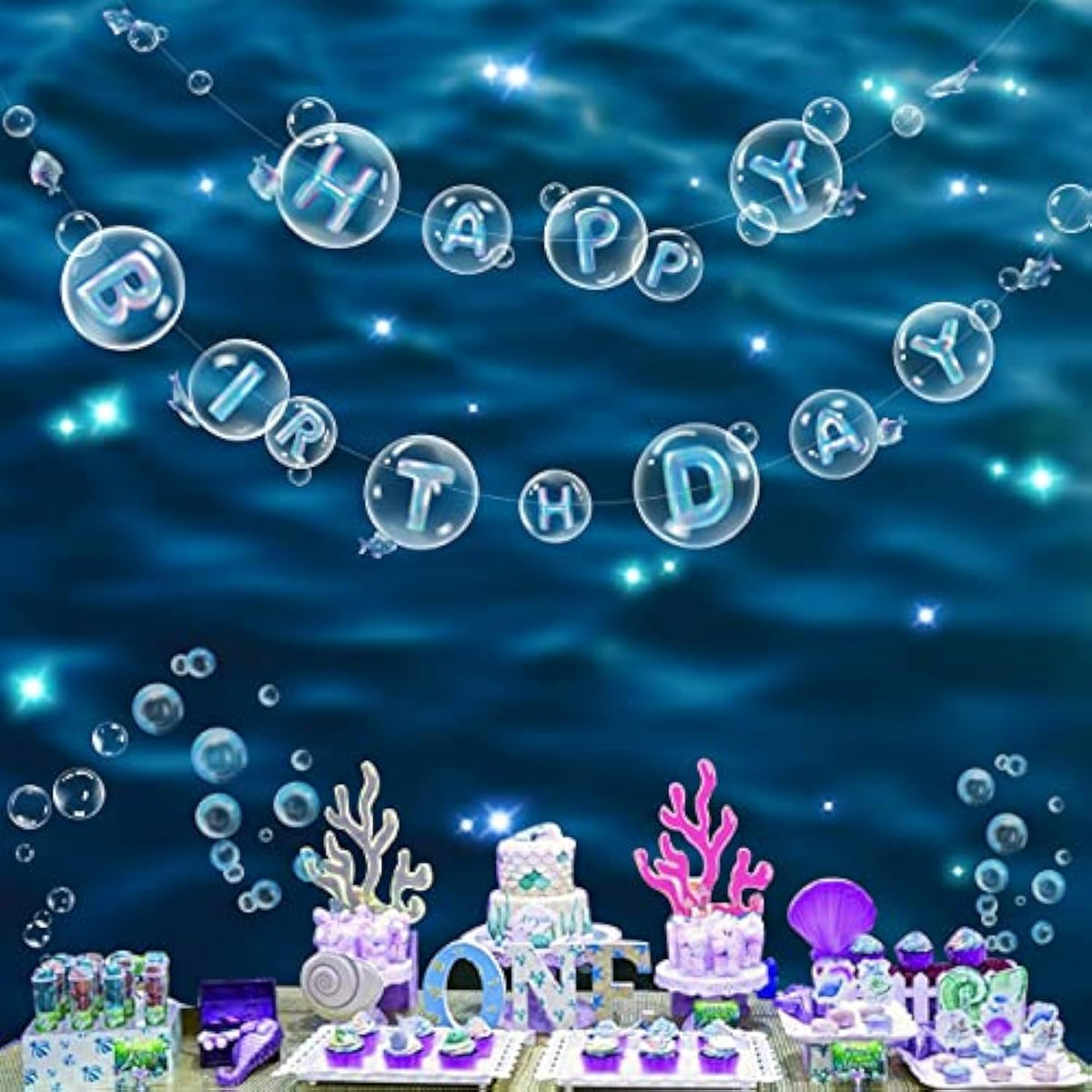 Ocean Happy Birthday Banner Under The Sea Party Decorations Blue Bubble Garlands Mermaid Birthday Decoartion For Kids Hanging Underwater Pool Beach Party Decor