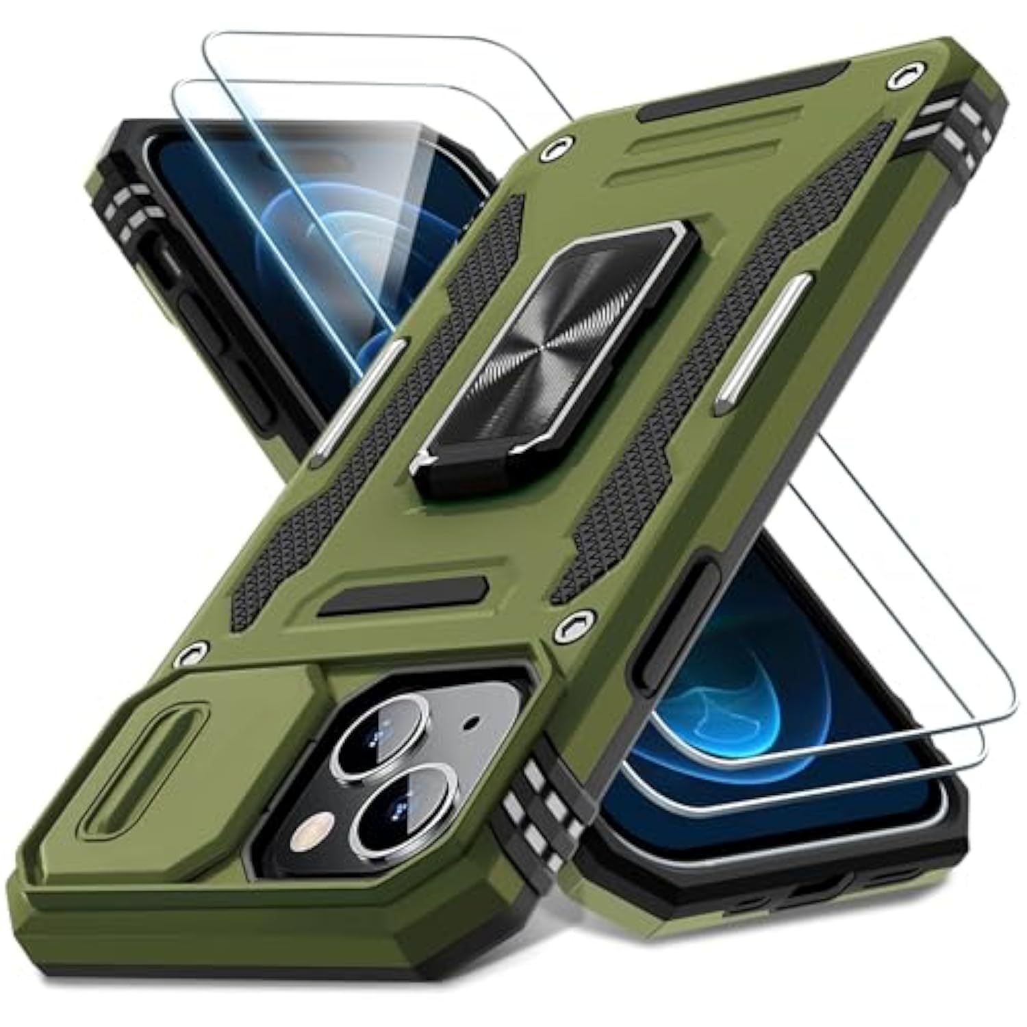 Case For Iphone 15 With Slide Camera Cover + Screen Protector (2 Packs), Rotated Ring Kickstand Military Grade Shockproof Protective Cover-Olive Green