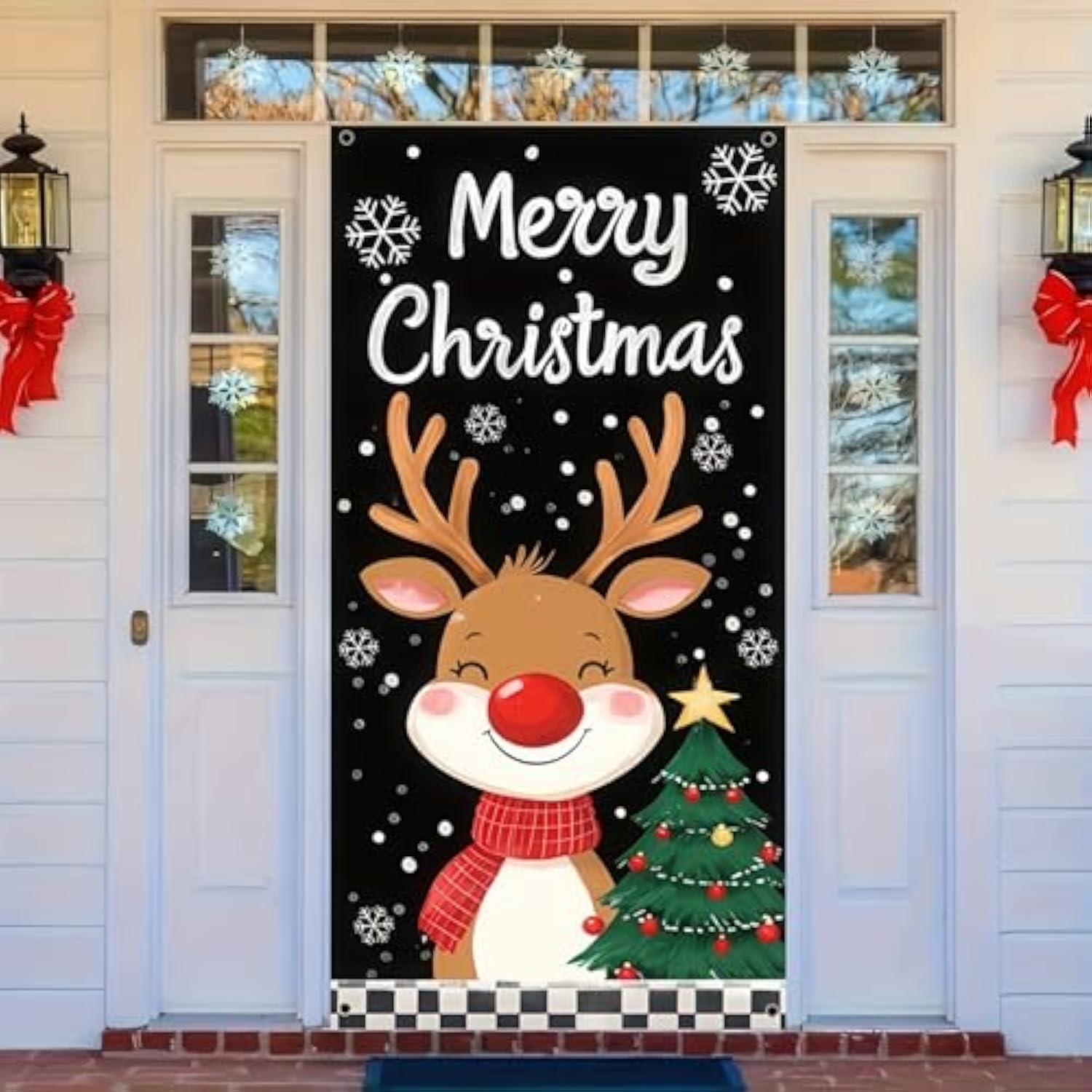 Christmas Door Cover Reindeer And Christmas Tree Design 71 X 35 Inch Merry Christmas Reindeer Hanging Banner Backdrop Photography Background Banner For Front Door Holiday Decor