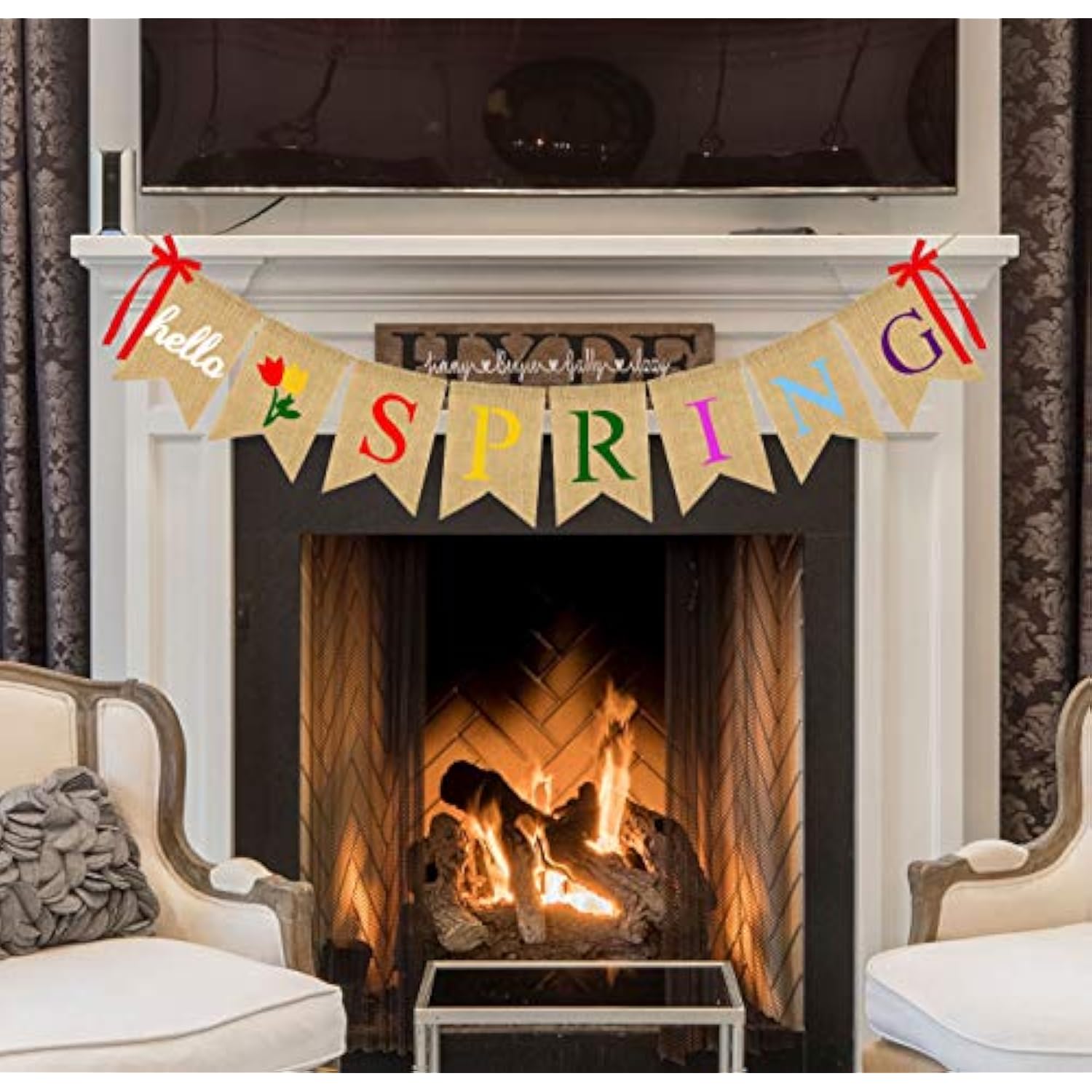 Hello Spring Burlap Banner Jute Spring Bunting Banner Garland Flower Spring Decorations For Indoor Outdoor Party Mantel Fireplace Wall Decor