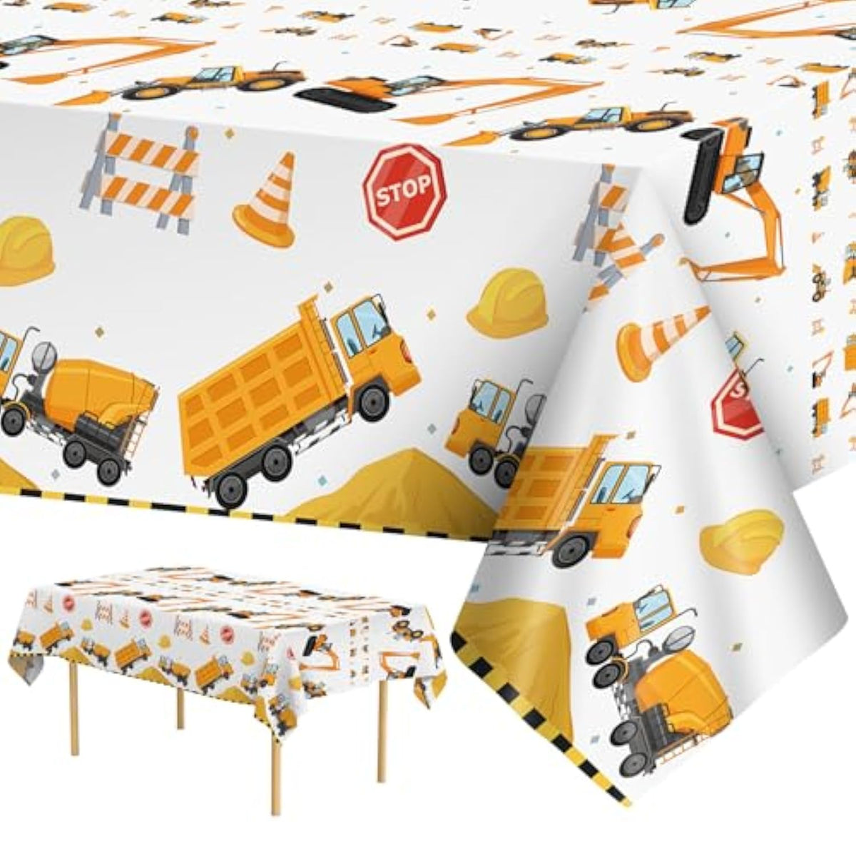 2 Pack Construction Table Cloth - Dump Truck Tablecloth, Plastic Disposable Rectangle Yellow Trucks Themed Table Cover For Construction Birthday Party Supplies Tables Decorations Favors, 87 X 51 Inch
