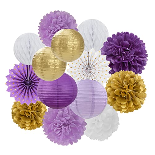 Purple-Gold Party Decorations Streamers Lanterns - 14pcs White Lavender Paper Fan Graduation Woman Birthday Wedding Bridal Shower Tissue Pom Poms,Honeycomb Balls Valentines day Decor