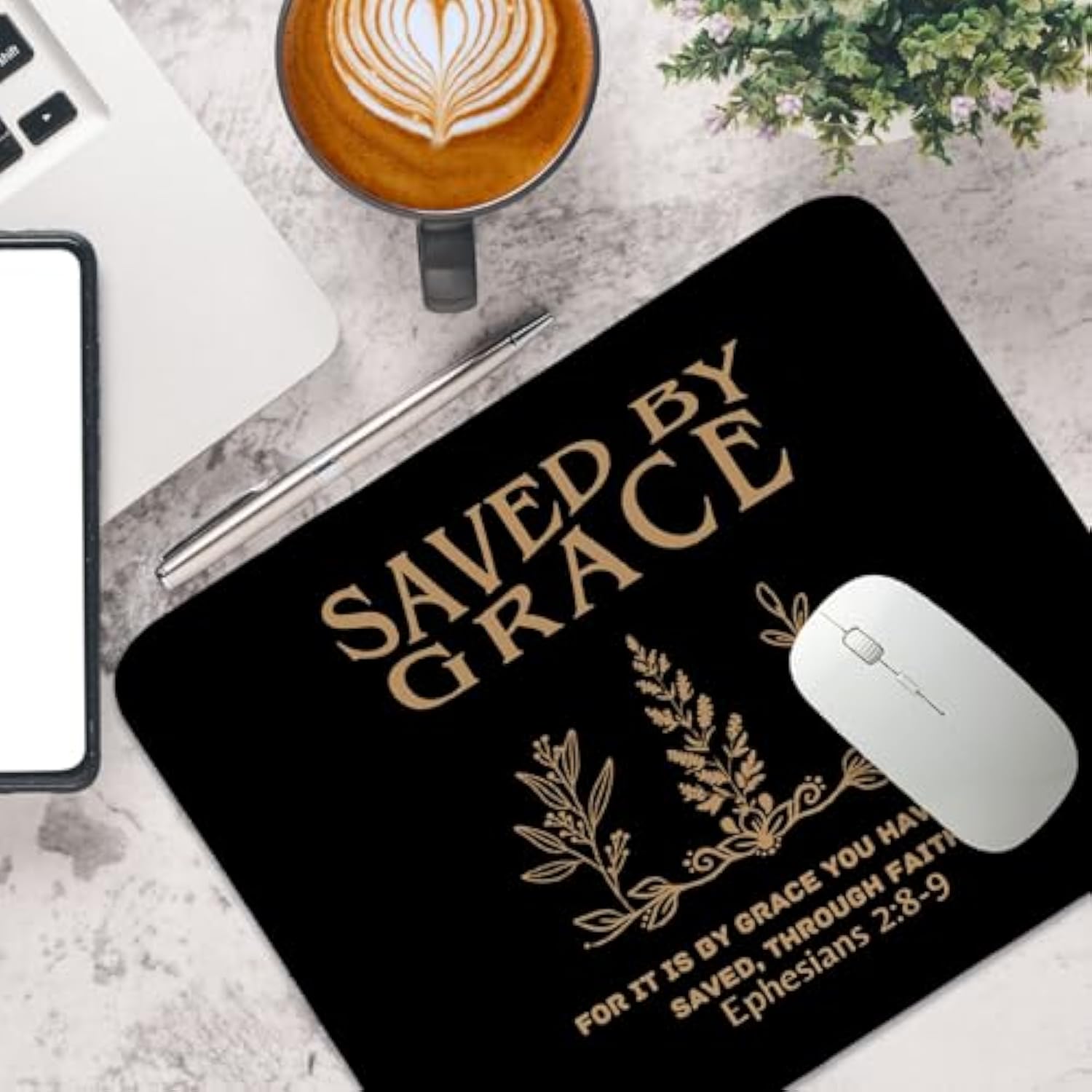 Christian Mouse Pad Bible Verses Small Mousepad, Saved By Grace Ephesians 2:8-9, Rectangle Black And Gold Travel Computer Mouse Pad For Laptop, Inspirational Christian Gifts For Women 11.8X9.8