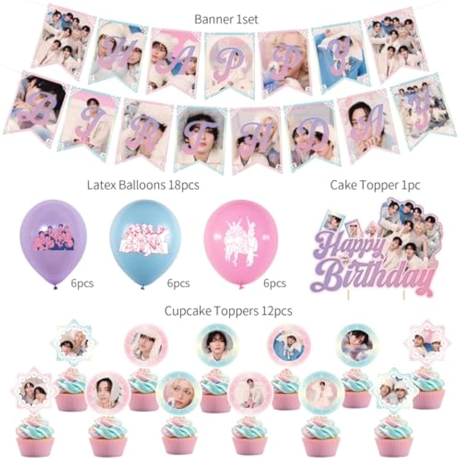 Birthday Party Supplies, Birthday Decorations Set - Banners,Cake Toppers,21Pcs Cupcake Toppers Perfect For Boys And Girls(Pink)