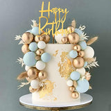 Blue Boho Cake Topper Set – Blue/White/Gold Pearl Balls for Birthday & Baby Shower