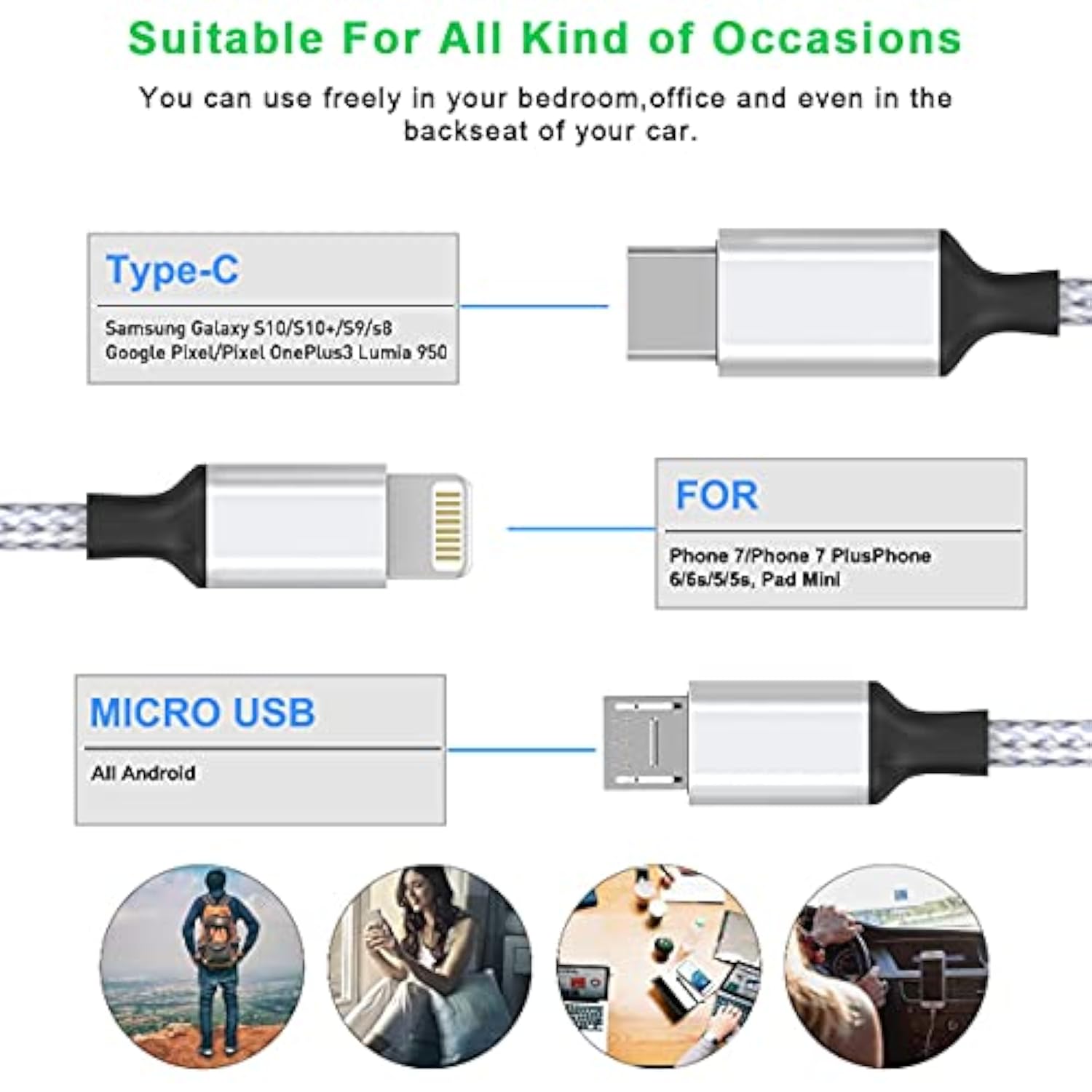 Multi 3 In 1 Usb Long Iphone Charging Cable, 3M/10Ft Nylon Braided Universal Phone Charger Cord Usb C/Micro Usb/Lightning Connector Adapter For Android/Apple/Samsung/Lg/Pixel/Huawei/Xiaomi(Gray)