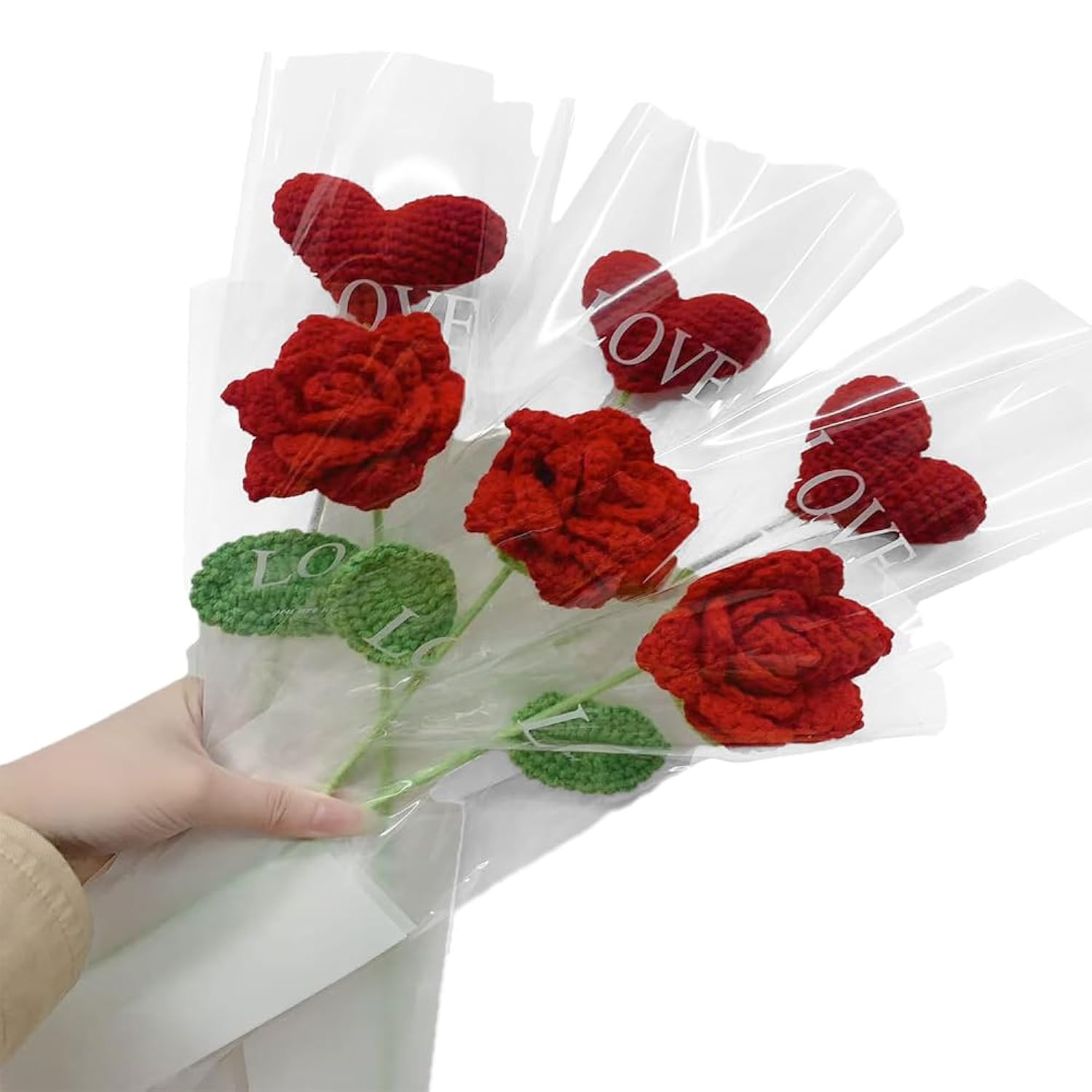 6 Pcs Hand Made Knitted Fake Rose Artificial Flowers For Decoration Crochet Flowers?Flower Bundle Fake Plants Wedding Centerpieces Decorations Mothers Day Mom Gifts For Mom (6, Roses And Love)