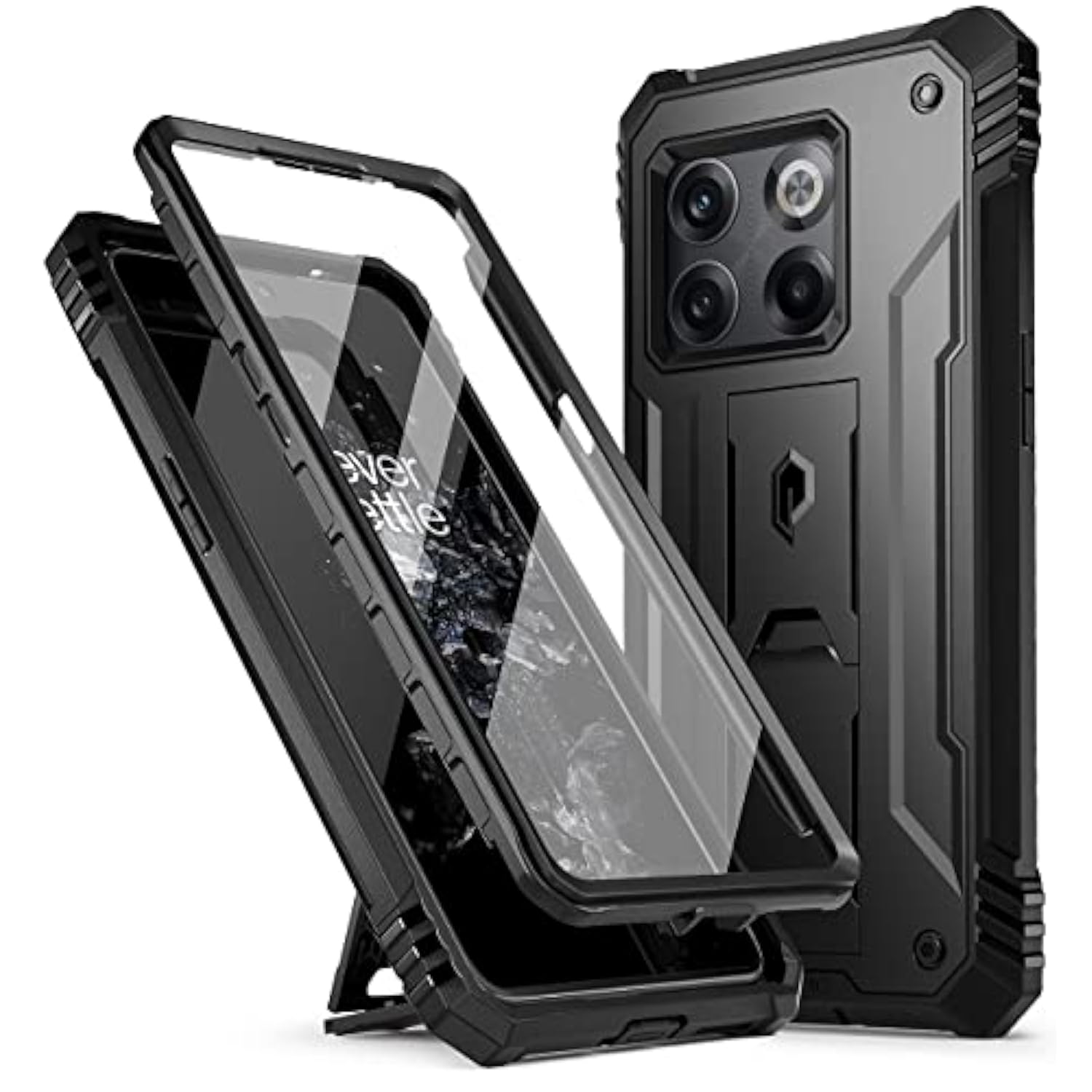 Revolution Series Designed For Oneplus 10T Case, Full-Body Rugged Dual-Layer Shockproof Protective Cover With Kickstand And Built-In-Screen Protector, Black