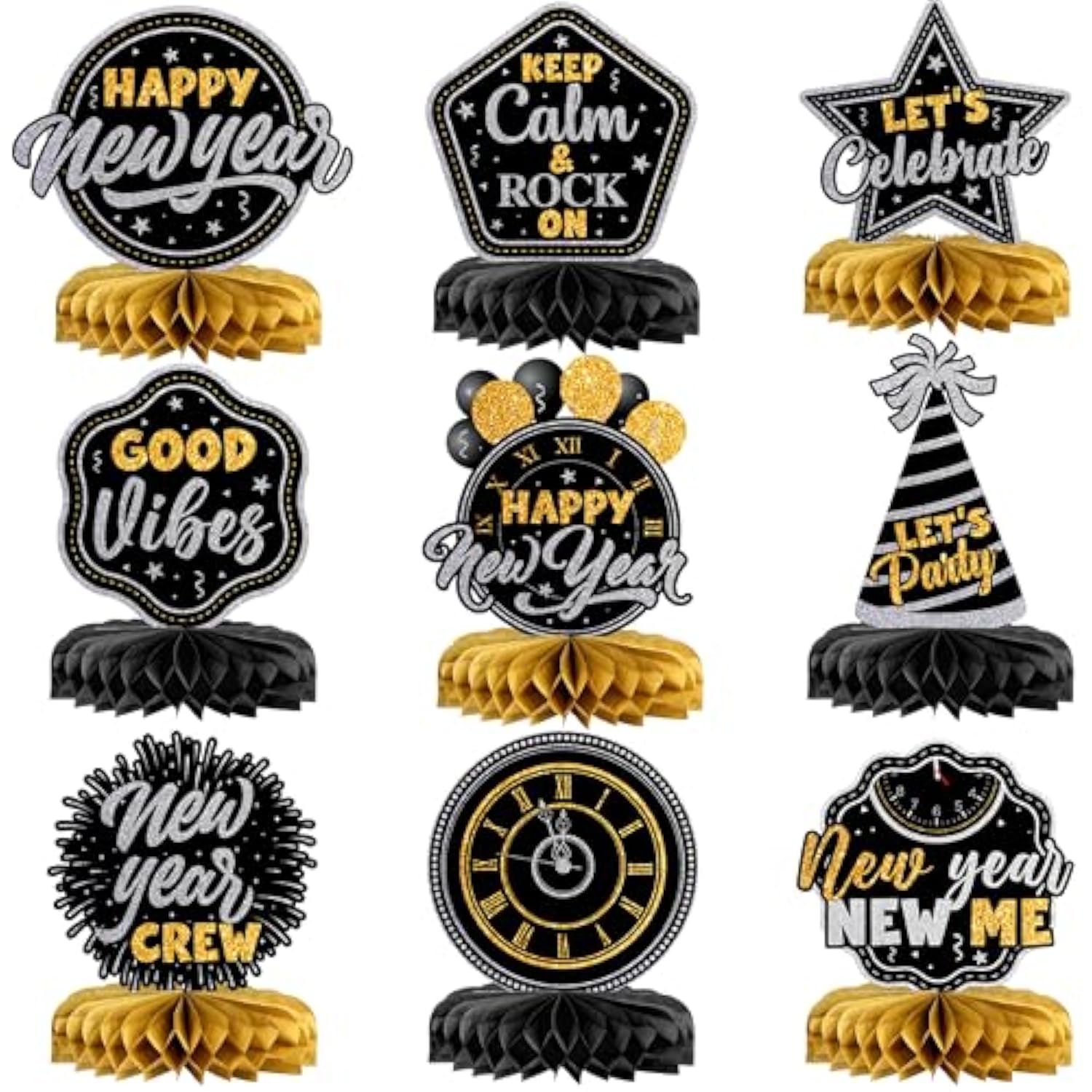 9 Pcs Black New Year 2026 Honeycomb Table Centerpieces
