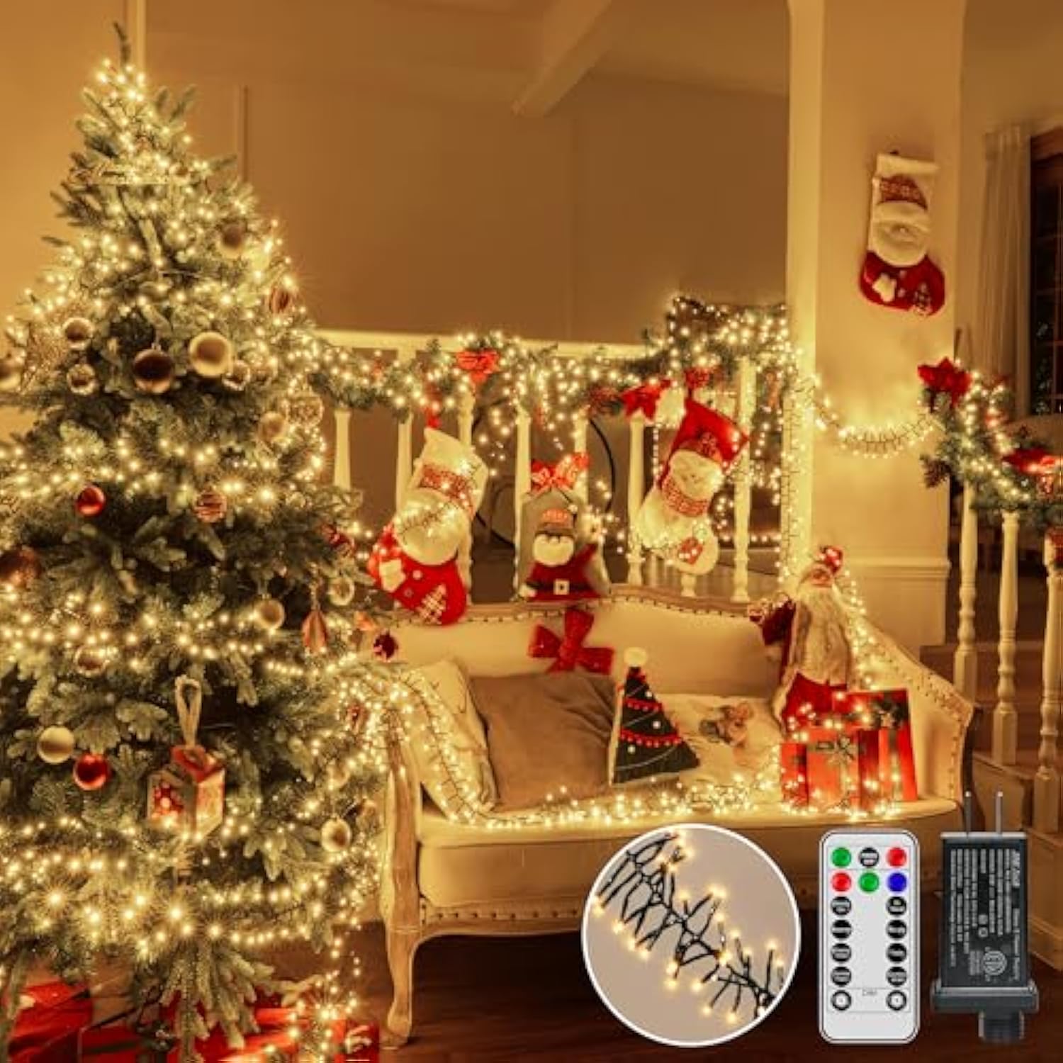 1200 Led 59 Ft Cluster Lights, Warm White Christmas Tree Lights 8 Modes Timer Remote, Waterproof String Lights For Indoor Outside Garland Xmas Decorations