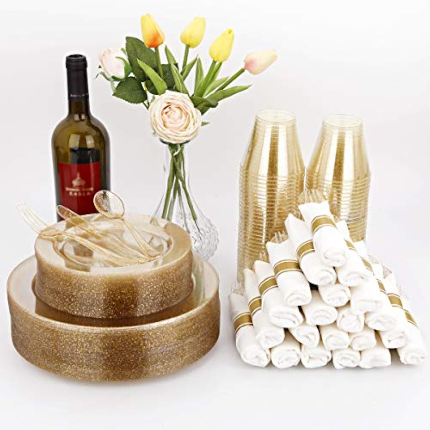 350 Pcs Gold Glitter Dinnerware Set for 50 Guests Plates Napkins Cups Cutlery