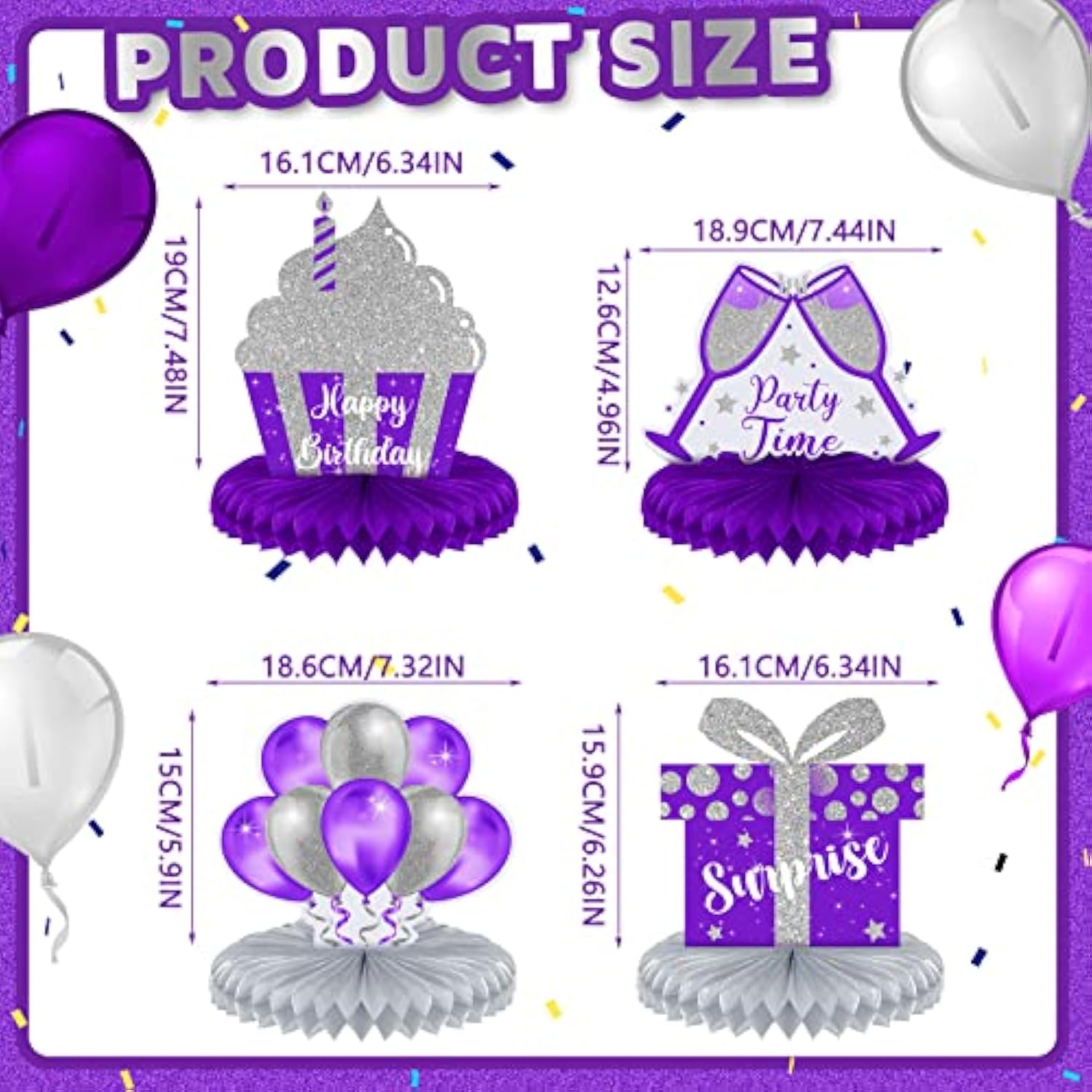 8-Piece Purple and Silver Birthday Honeycomb Centerpieces for Men and Women