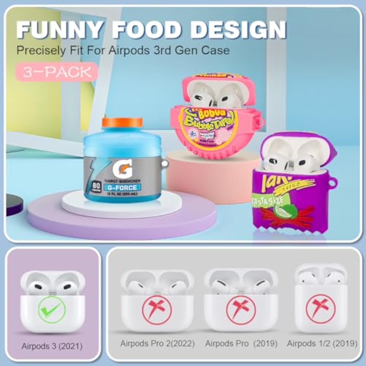 Cute Case For Airpods 3 Case 3-Pack, 3D Cartoon Kawaii Silicone Case For Airpods 3Rd Generation Case Funny Food Design With Cleaner Kit/Keychain/Lanyard (Sport Water+Purple Potato+Bubble Gum)