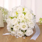 12 Inch Wedding Bouquet With Pearl Crystals Ribbons,Artificial Rose Flower For Bride Bridesmaids Artificial Fake Flowers Fake Flowers Toss Bouquet For Wedding Party Church(White)