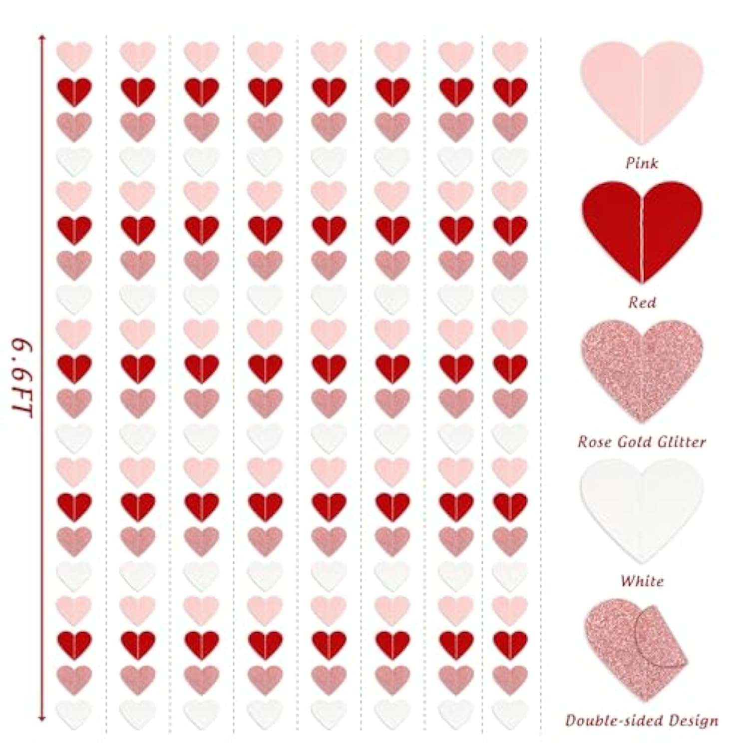 Valentines Decorations Red Pink White Rose Gold Glitter Heart Garland Strings - 8 Packs Paper Heart Garland Banner For Valentine'S Day Mothers Day Wedding Birthday Bridal Shower Home Hanging Decor