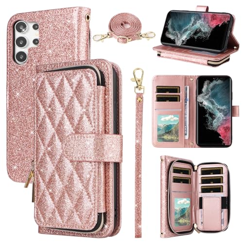 Wallet Case for Samsung Galaxy S25 Ultra 5G with Wrist Strap Crossbody Shoulder Strap Card Holder Zipper Purse Stand Cell Accessories Phone Cover for