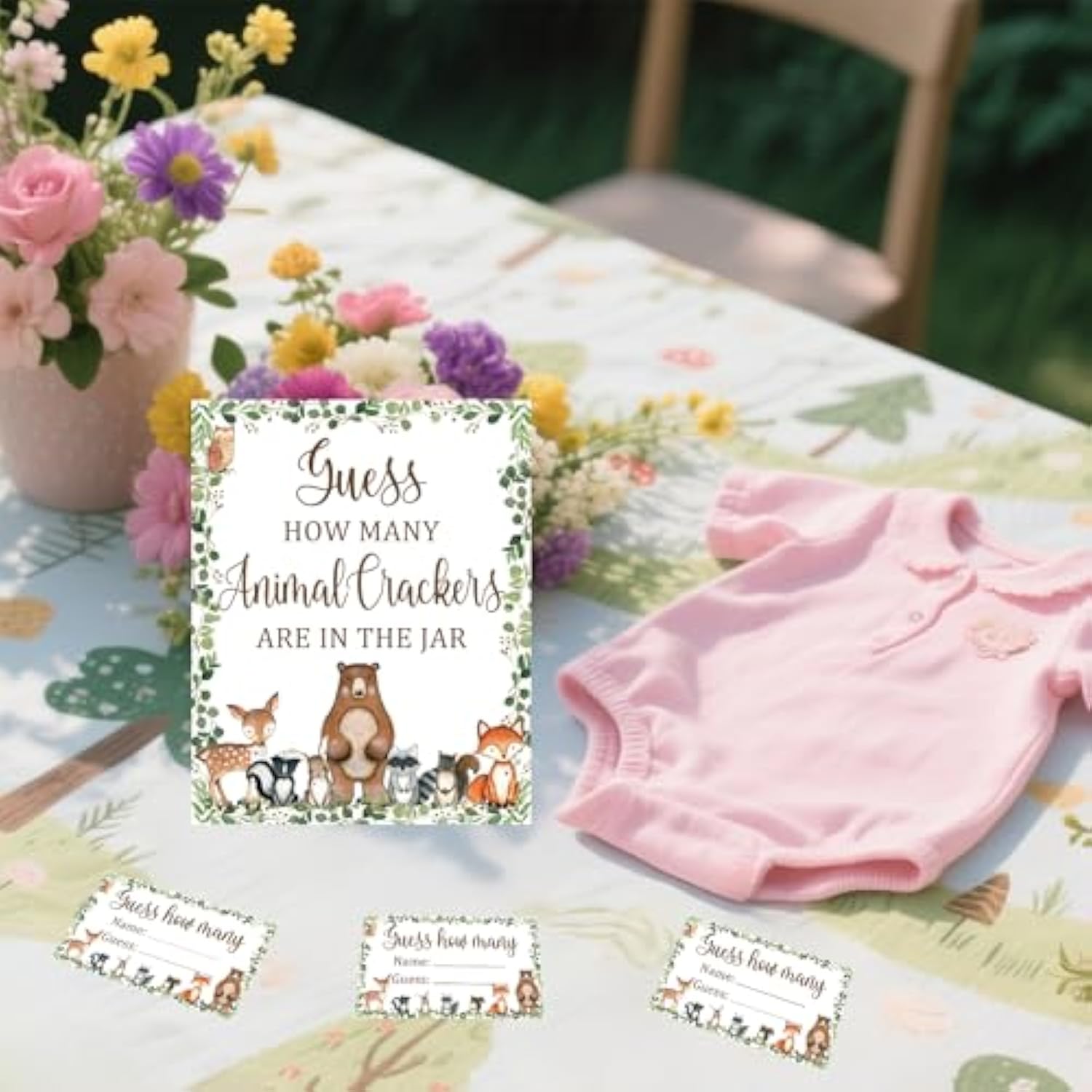 Animal Theme Guess How Many Animal Crackers Baby Shower Game, Forest Animals Theme Party Decoration, 1 Standing Sign And 50 Card For Baby Shower Supplies