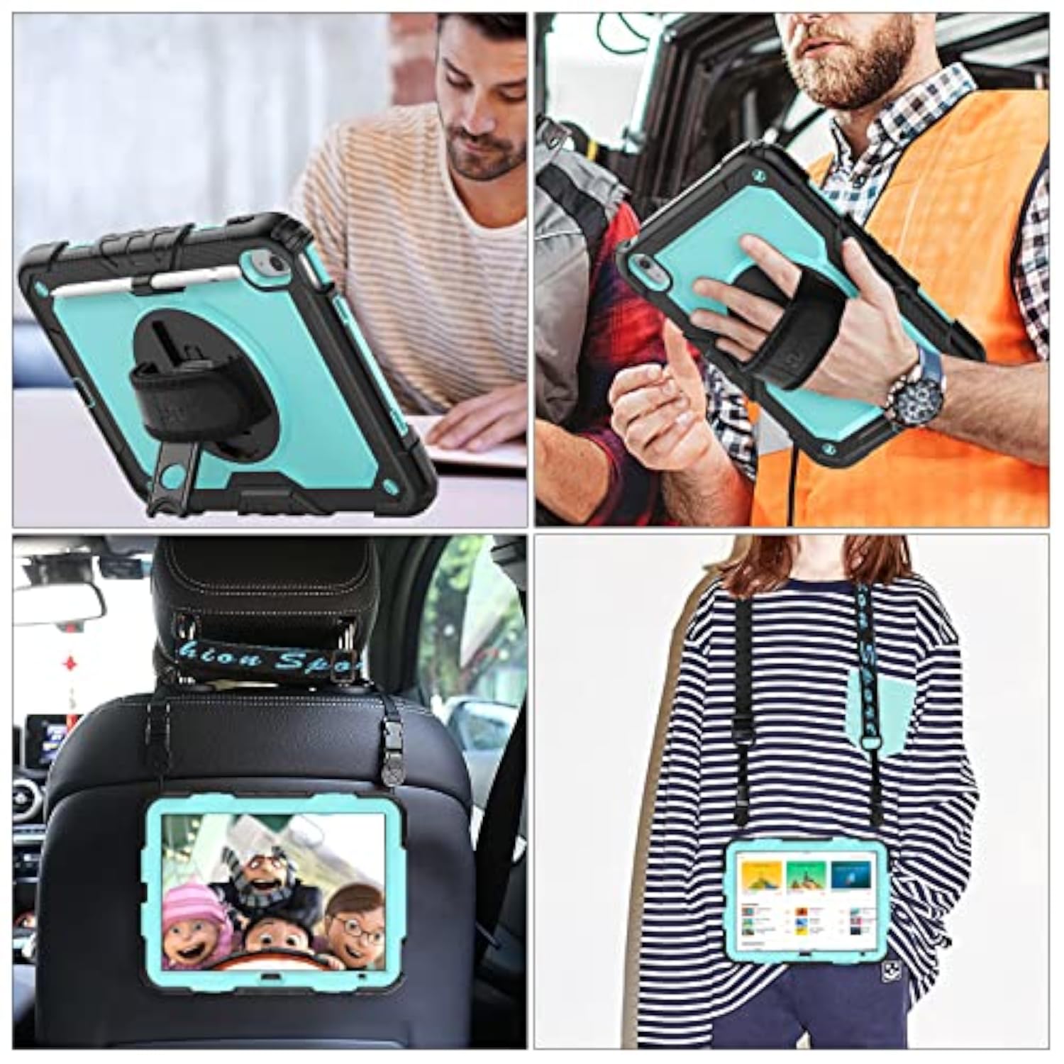 11th/10th Generation iPad (A16) 11''/10.9'' 2025/2022 Full-Body Drop Protection Case with Screen Protector & 360° Rotate Hand Strap/Stand, Brightblue+Black