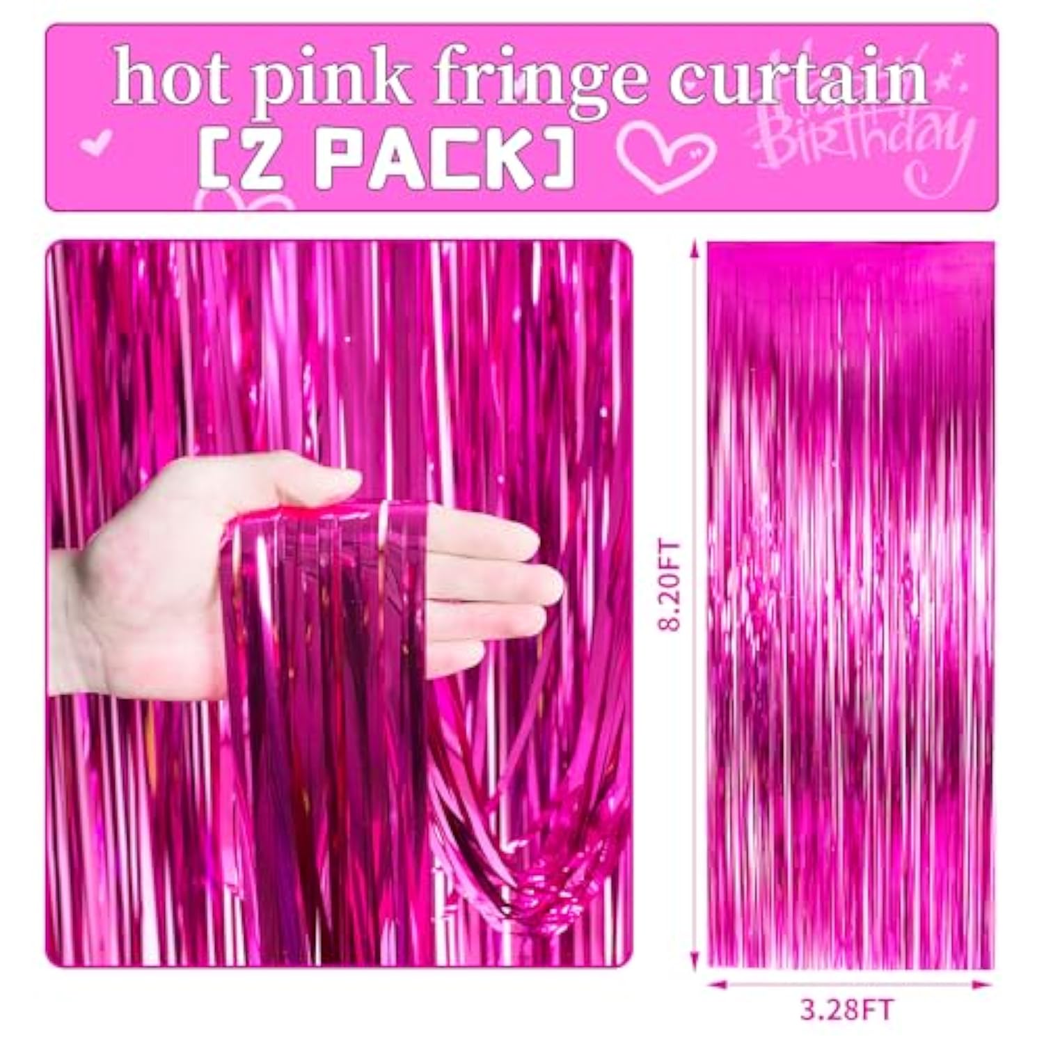 Hot Pink Fringe Curtain Backdrop 2-Pack 3.3x8.2Ft Party Decorations