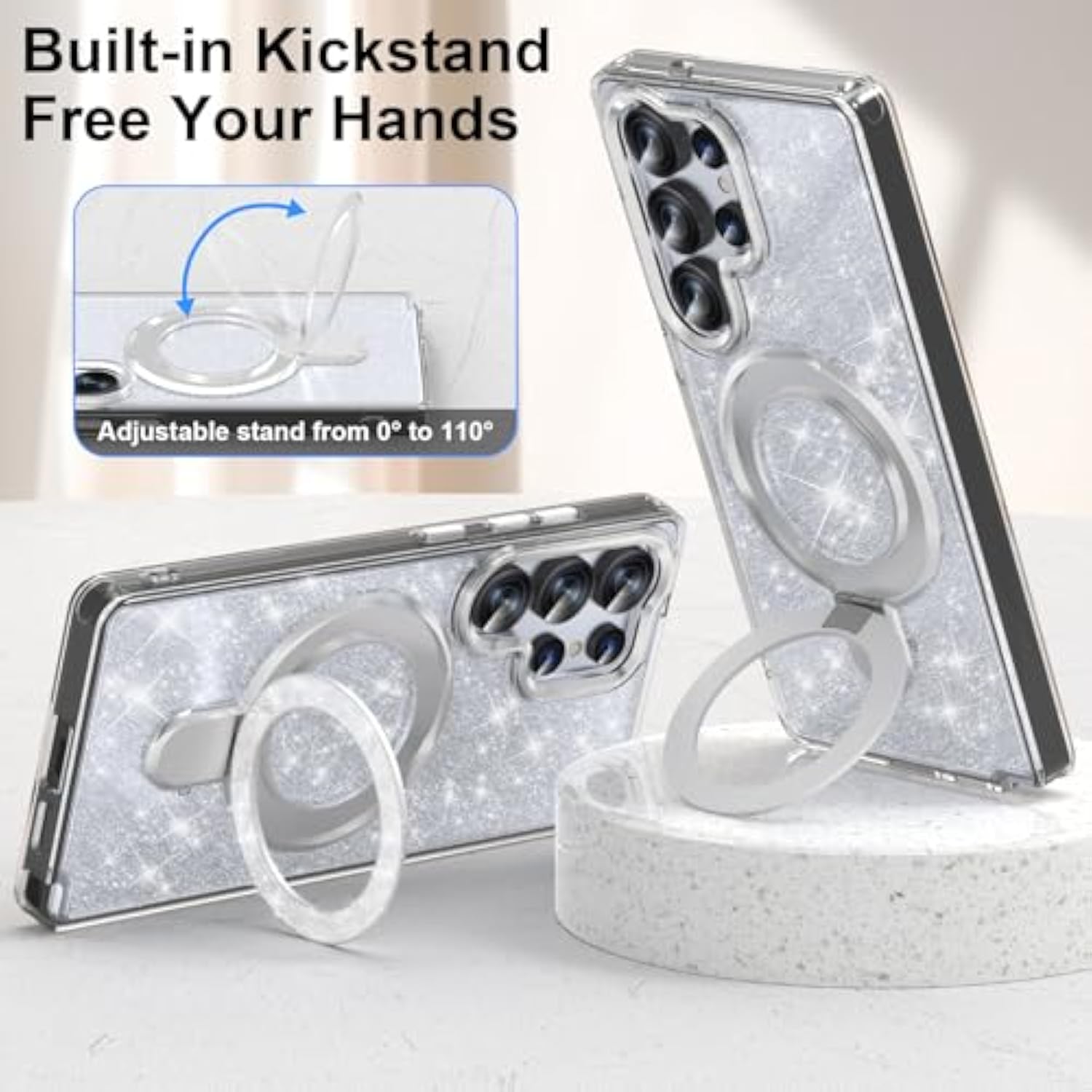 Silver glitter Galaxy S25 Ultra case with kickstand, bracelet, and shockproof design.
