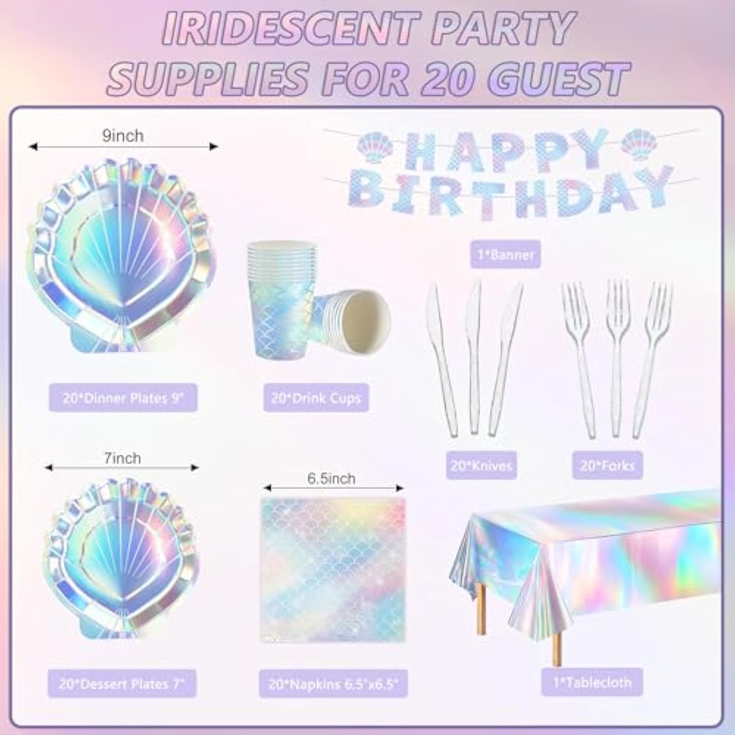 Summer Mermaid Party Supplies For Girls Baby Shower Birthday Party Under The Sea Themed Decor Iridescent Shell Plates Napkins Cups Knives Forks Tablecloths Banners Serves 20 Guests 122Pcs