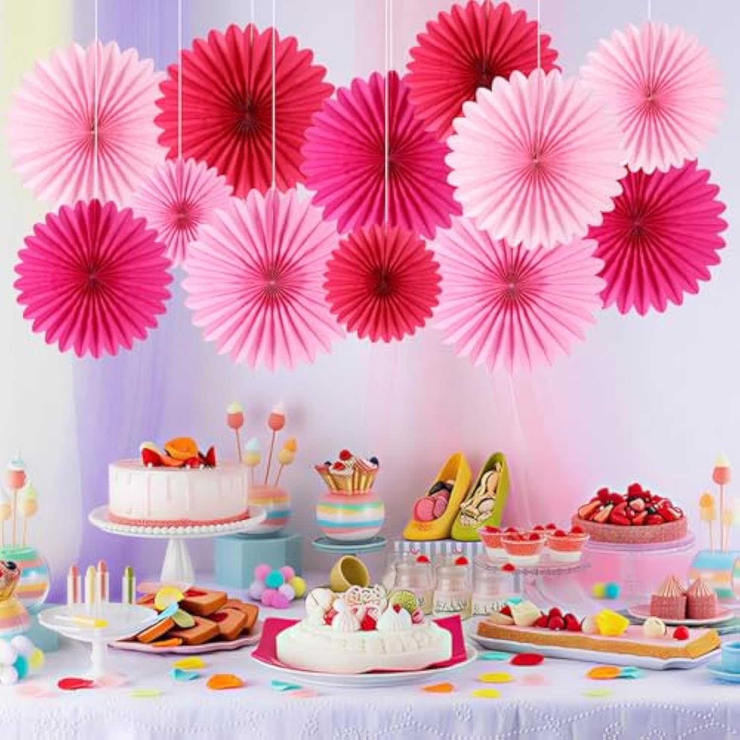 12Pcs Paper Fans Hot Pink Party Decorations Tissue Paper Flowers Decorations Paper Fans Party Decorations For Girl Groovy Birthday Baby Shower Wedding Bachelorette Room Wall Hanging Décor
