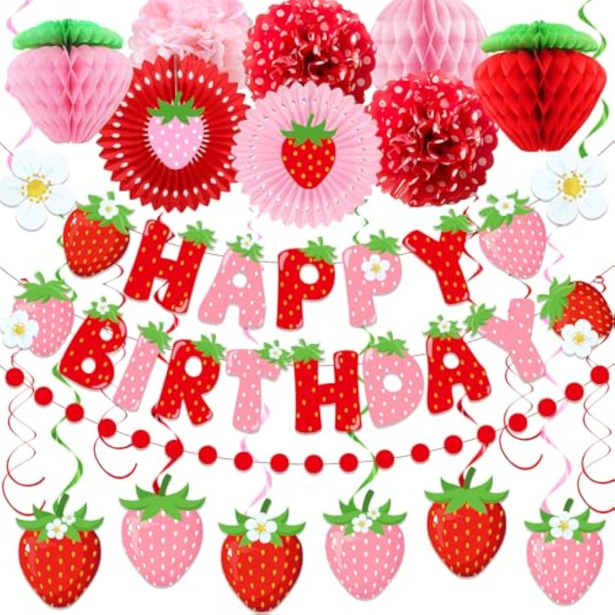 Strawberry Birthday Decorations For Girls, Red Pink White Strawberry Birthday Banner With Tissue Pom Poms Fans Honeycomb Balls Polka Dot Garland And Hanging Swirls Berry Hanging Decor Centerpieces