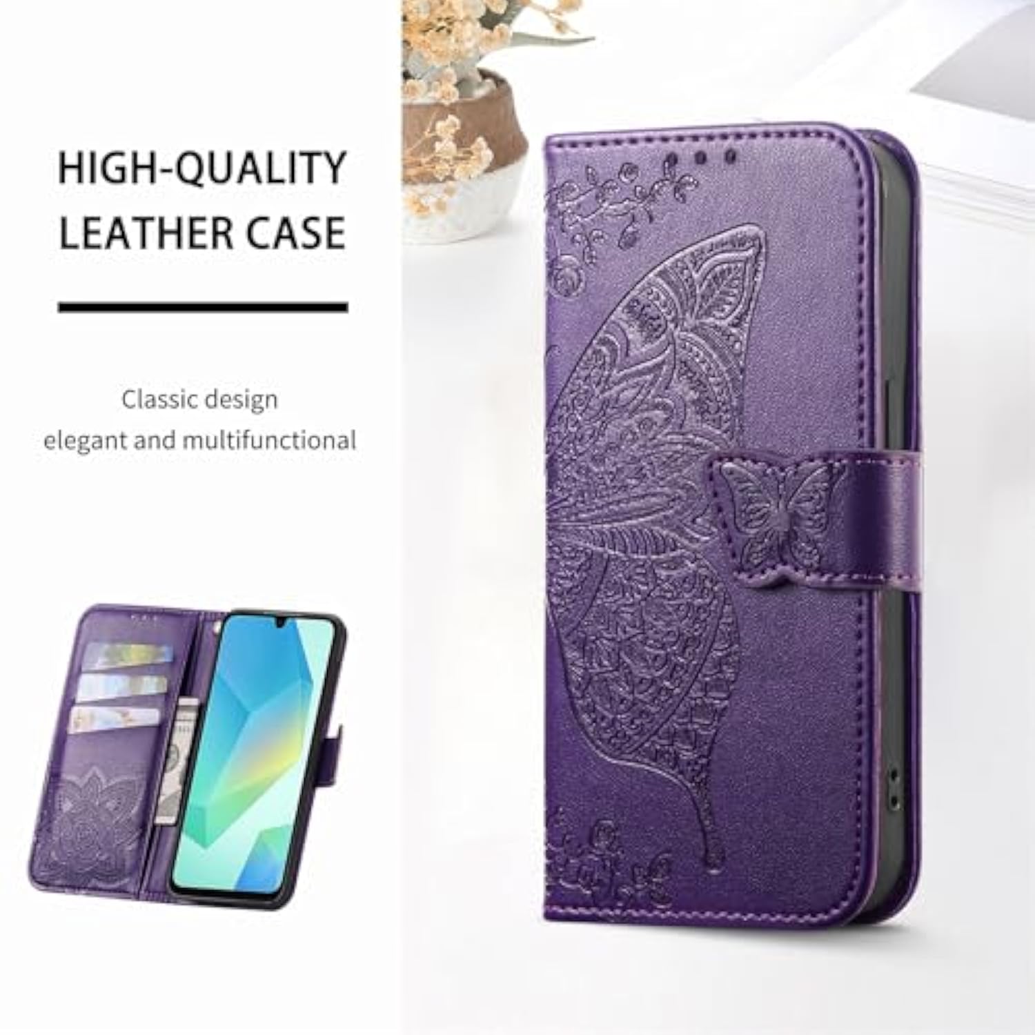 For Samsung Galaxy A36 5G Wallet Case With Card Holder, [Butterfly & Flower Embossed] Pu Leather Kickstand For Women And Men Shockproof Case For Samsung A36 5G (Purple)