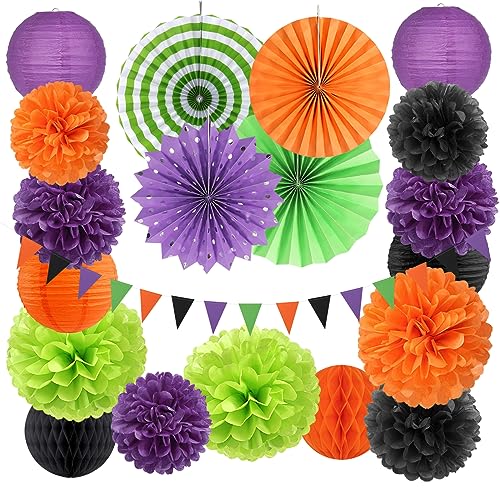 Black Purple Orange-Green Halloween Party-Decorations - 20pcs Paper Lanterns Fans,Tissue Pom Poms,Honeycomb Balls,Hotel Transylvania Hocus Pocus Birthday Baby Bridal Shower Wedding Decor