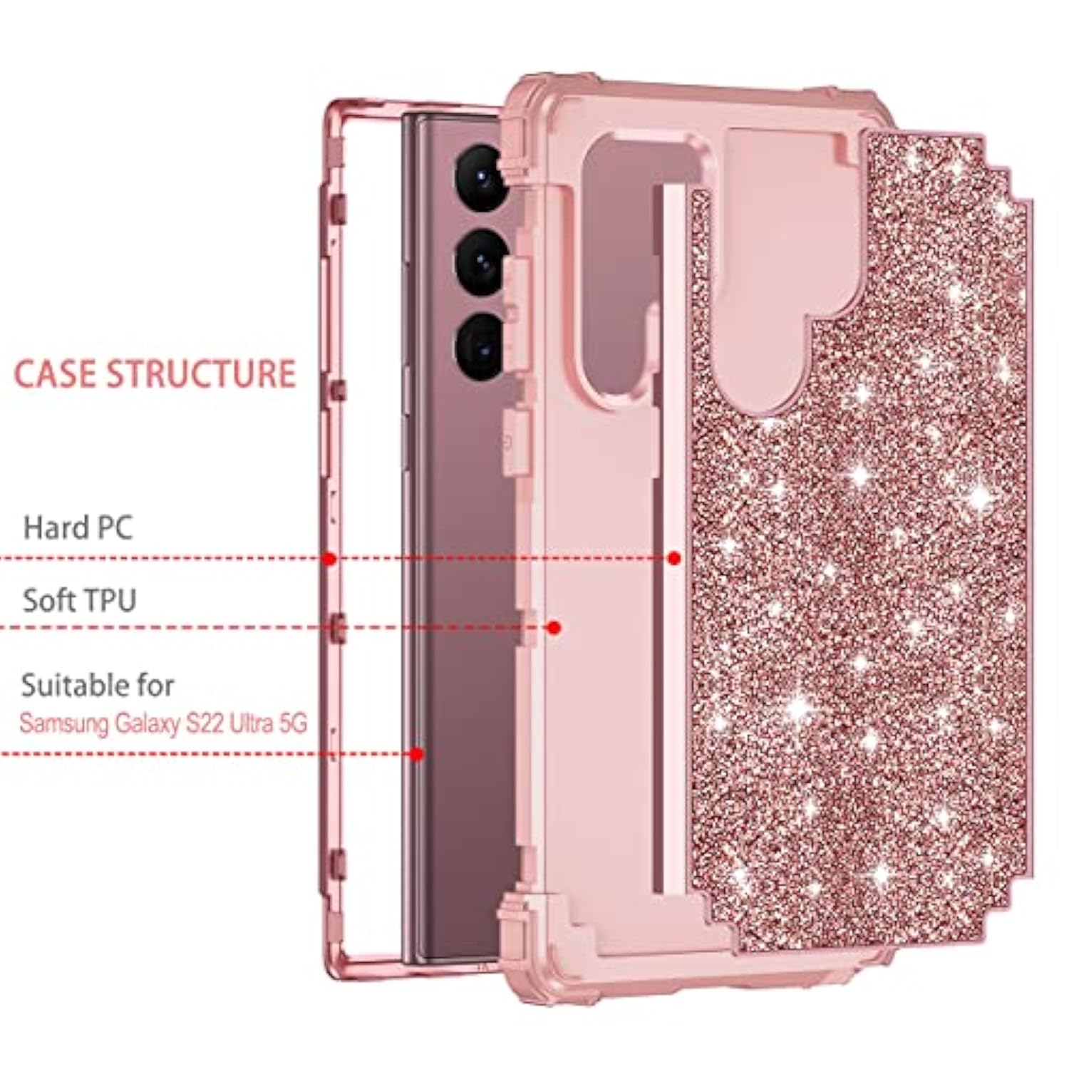 For Galaxy S22 Ultra 5G Case Three-Layer Shockproof Heavy Duty Hybrid Sturdy High Impact Protective Cover Glitter Sparkly Bling Case For Samsung Galaxy S22 Ultra 5G 6.8 2022,Shiny Rose Gold