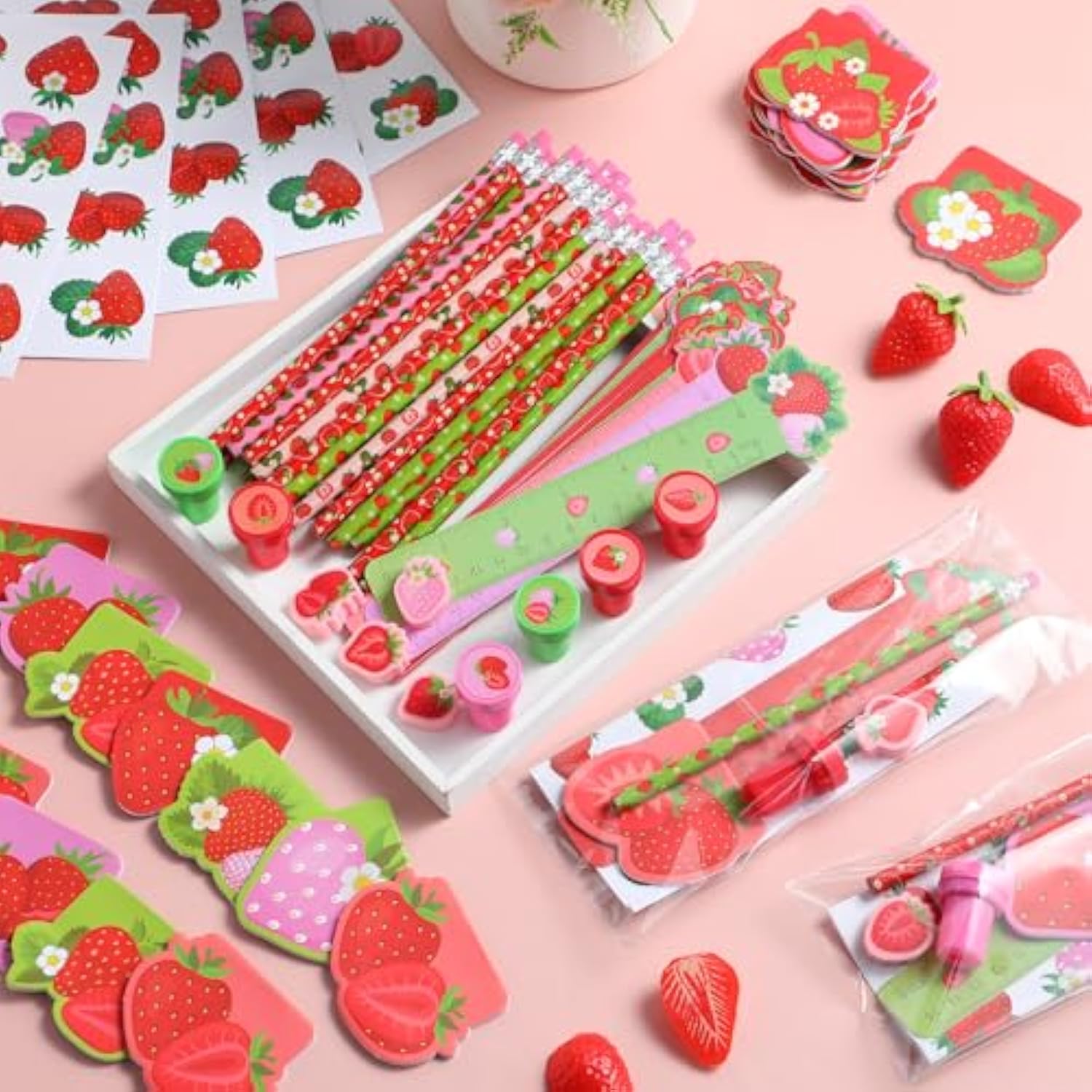 168 Pcs Strawberry Party Favors Supplies Stationery Set Notebook Sticker Stamper Eraser Ruler Pencil Bag For Strawberry Baby Shower Birthday Party Gift Classroom Prize