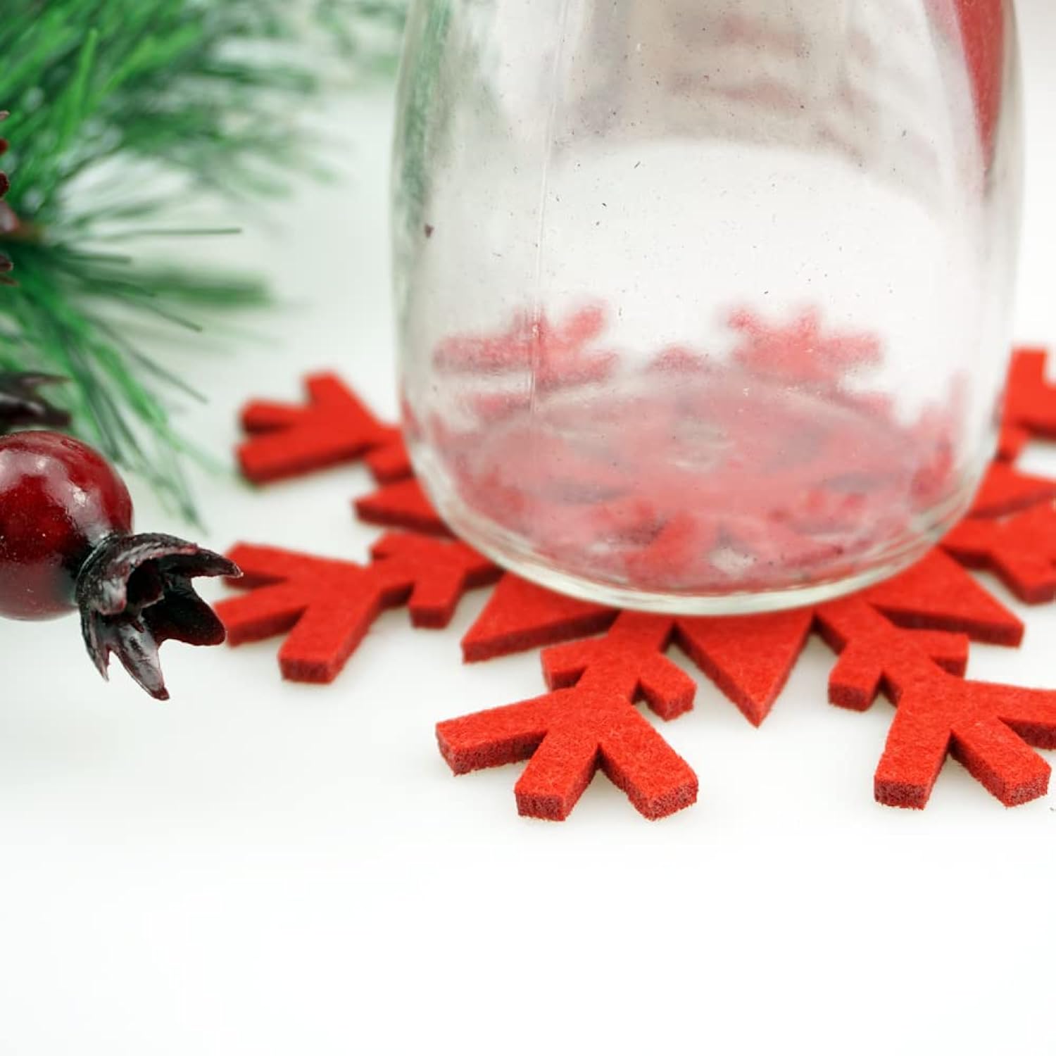 10Pcs Red Snowflake Felt Coasters Set Christmas Drink Coasters Cup Mat For Christmas Winter Party Decoration