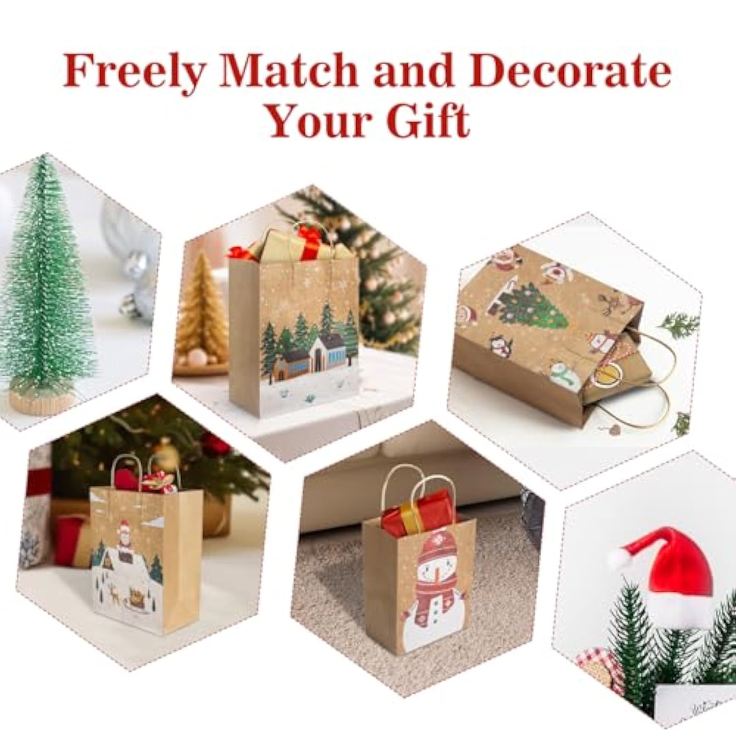 Christmas Gift Bags, 24-Pack Kraft Paper Gift Bags With Handles, 12 Large 13” & 12 Medium 9” Assortment For Holiday Party Favors, Gift Wrapping, Xmas Decor
