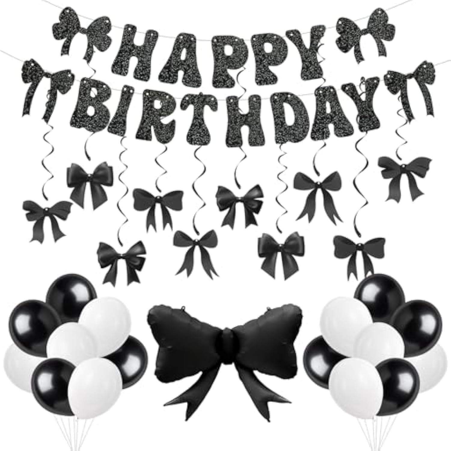 Black Bow Party Decorations, Coquette Birthday Decorations Includes Happy Birthday Banner,Hanging Swirl, Foil Balloon,Black White Latex Balloons,Bow Party Decorations