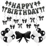 Black Bow Party Decorations, Coquette Birthday Decorations Includes Happy Birthday Banner,Hanging Swirl, Foil Balloon,Black White Latex Balloons,Bow Party Decorations