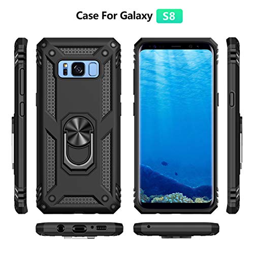 For Samsung Galaxy S8 Case With Hd Screen Protectors (Not Fit S8 Plus), Military-Grade Metal Ring Holder Kickstand 15Ft Drop Tested Shockproof Cover Case For Samsung Galaxy S8 (2017) Black