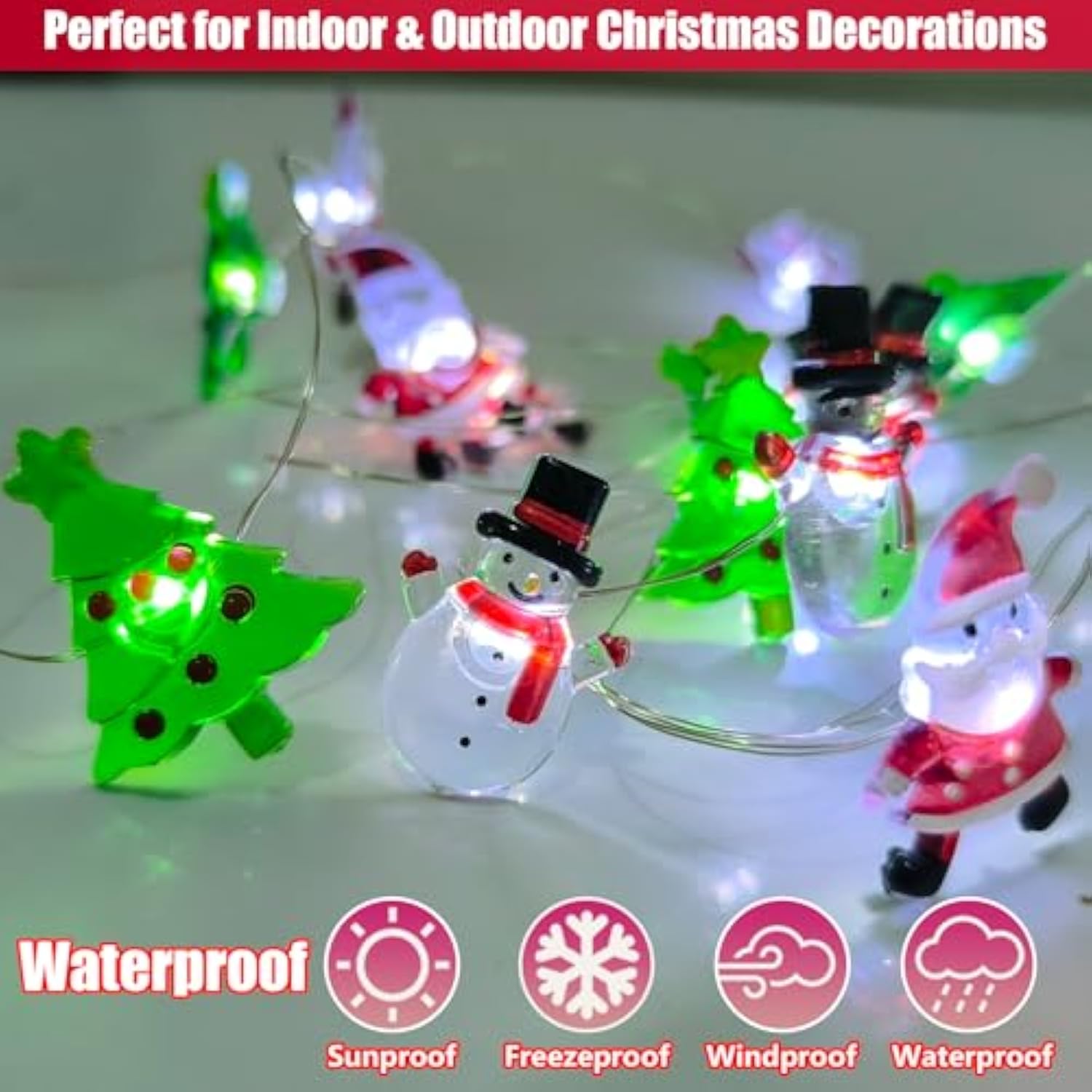 Christmas Lights Decorations Battery Operated, 17Ft 50 Led Christmas Tree Santa Snowman String Lights With Timer, Xmas F