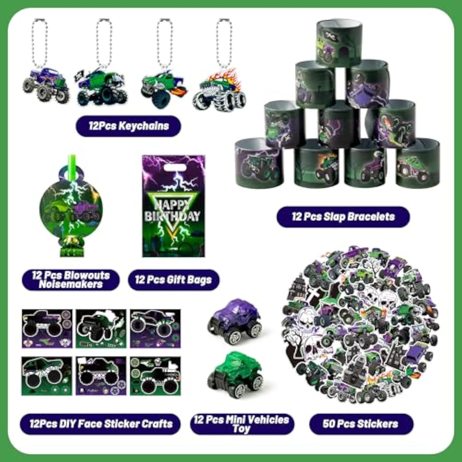 Green Purple Monster Truck Party Favor - 122Pcs Monster Truck Slap Bracelets Sticker Blowouts Noisemaker Mini Vehicles Car Toy Keychain Waith Gift Bag For Kids Birthday Party Goodie Bag Supply