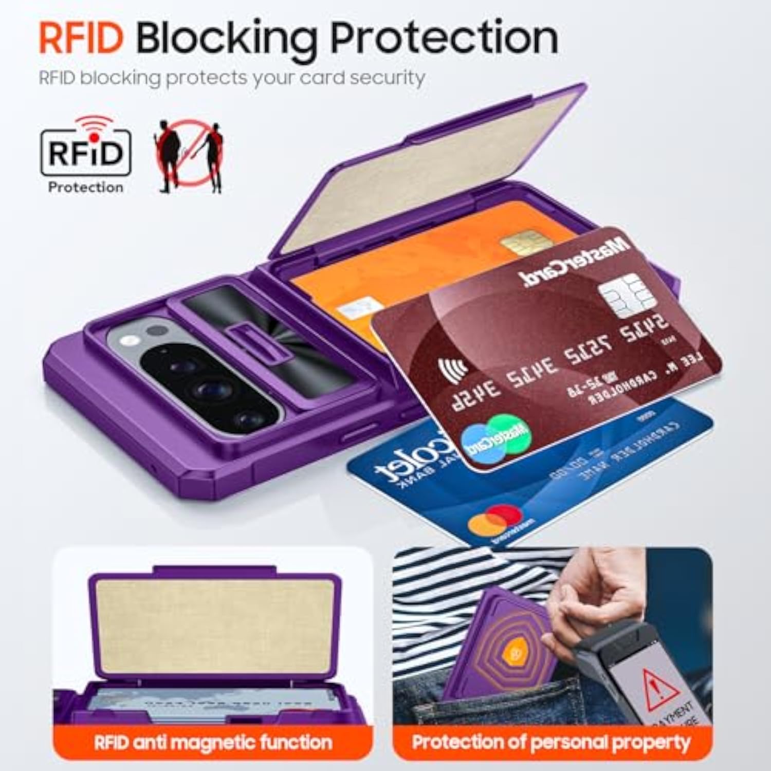 Purple Google Pixel 9 Pro XL Case with Card Holder, Sliding Camera Cover, Kickstand, RFID Blocking, Military Drop Protection, TPU Edge Wallet Case