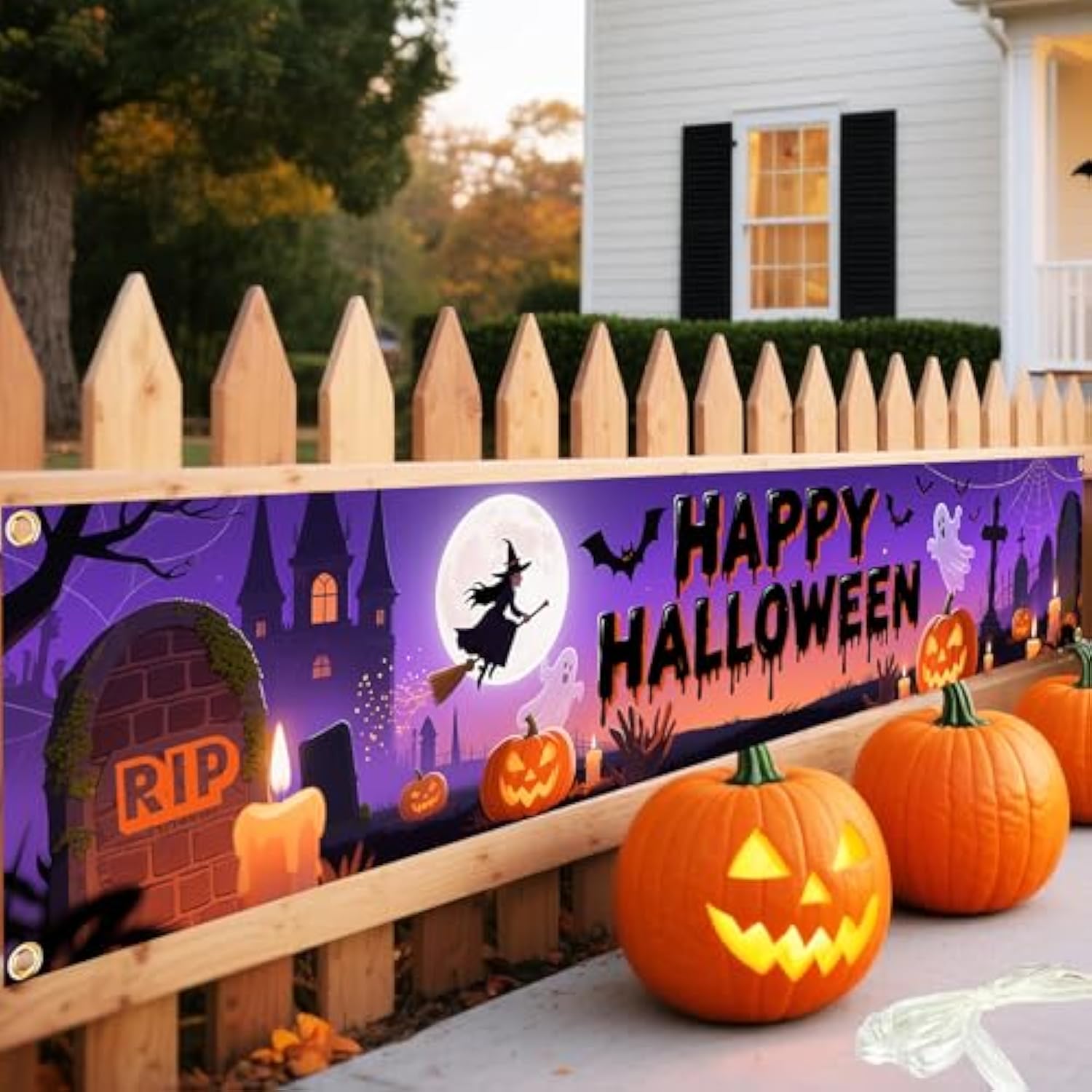 Happy Halloween Banner 120x20in with Ribbon Purple Outdoor Yard Porch Garden Party Backdrop Decor