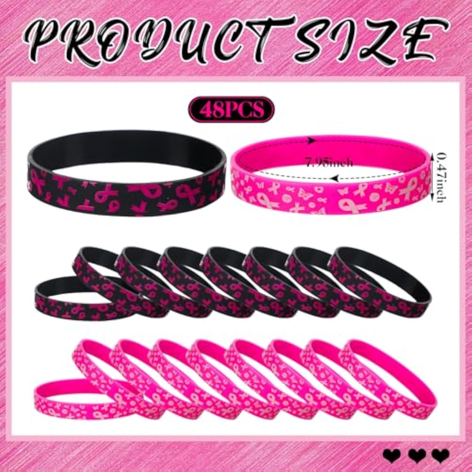 100 Pcs Breast Cancer Awareness Bracelets Pink Ribbon Breast Cancer Awareness Silicone Wristbands Black Party Favors Gifts For Women Accessories(Black Pink)