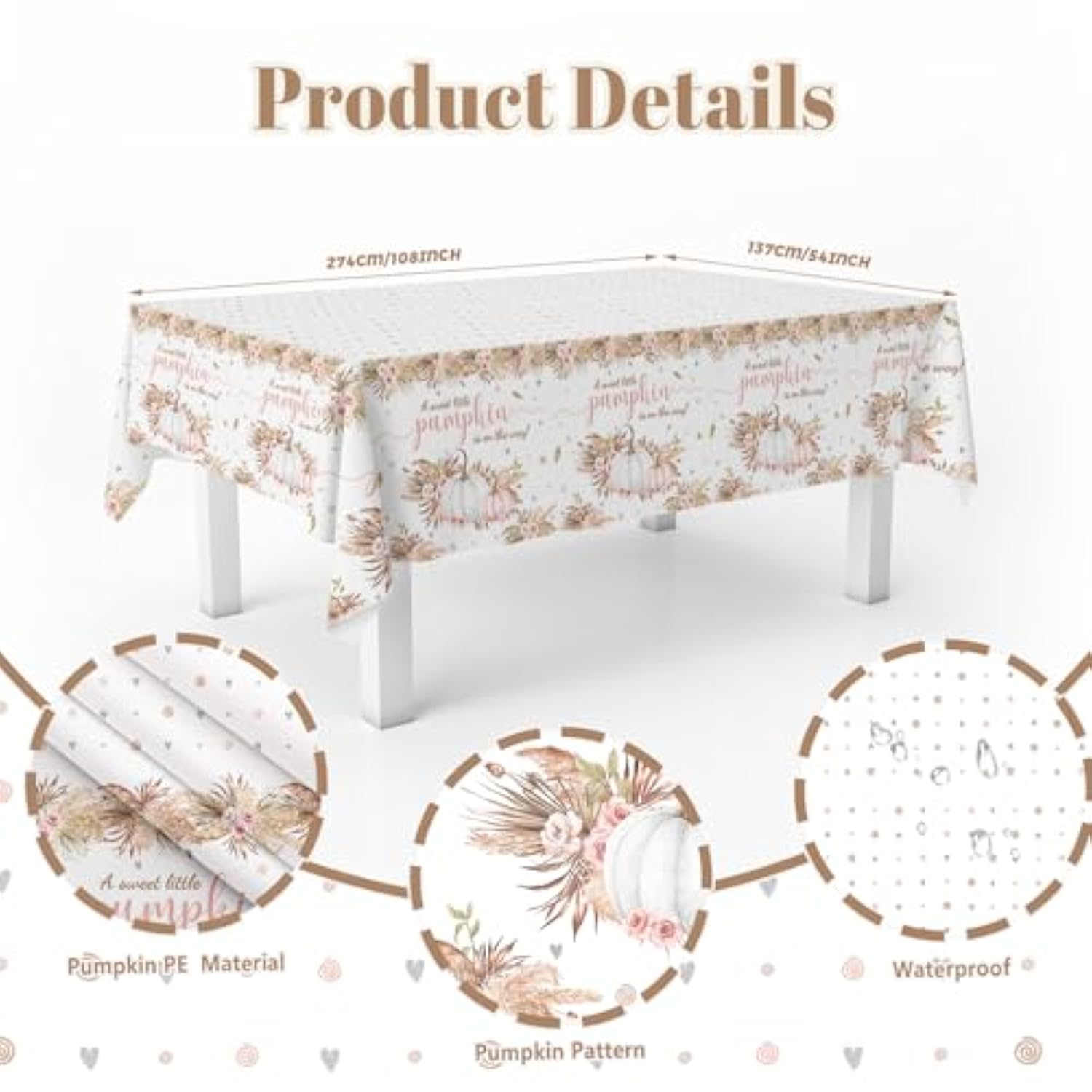 3 Pack Little Pumpkin Tablecloth, Disposable Plastic Boho Fall Baby Shower Table Cloth Rectangle 54X108 Inch, Pinktable Cover For Girl Shower Party Favors Table Decor Supplies