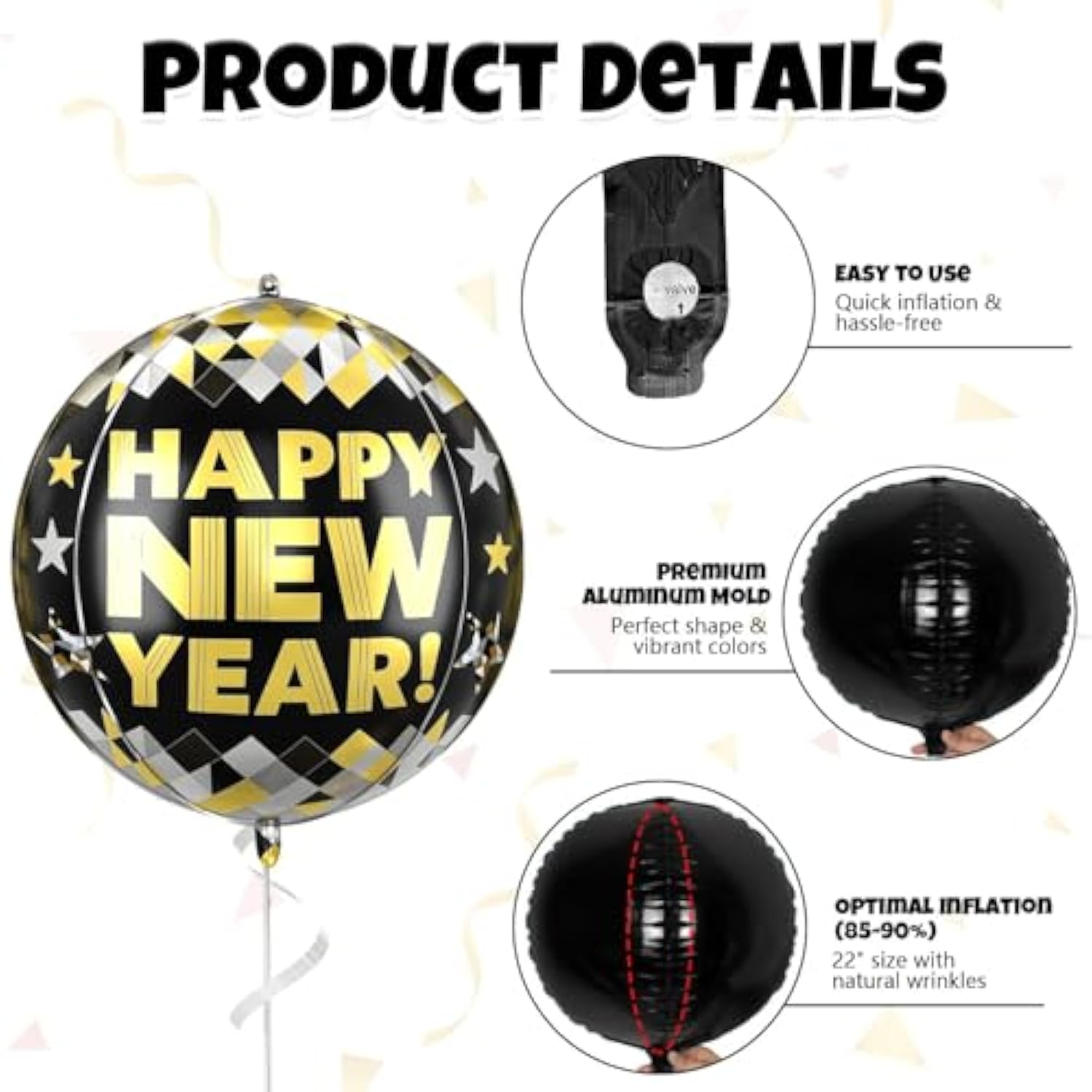 6pc Jumbo 22-Inch "Happy New Year" Balloons Black & Gold 2026 Foils