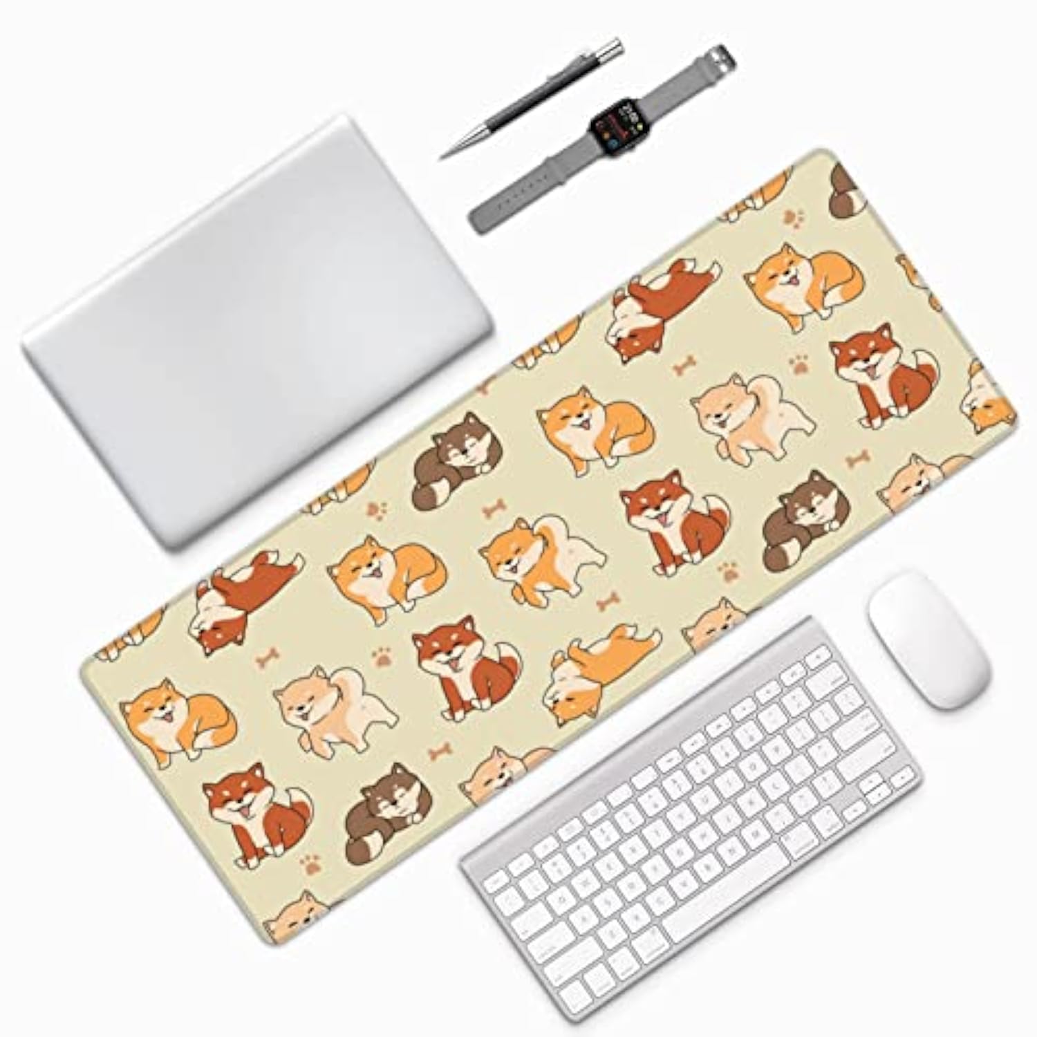Laptop Mouse Pad Lovely Shiba Inu Dogs Desk Mat With Stitched Edges 31.5X 11.8 Inch Non-Slip Large Keyboard Rubber Writing Table Mat For Office Home