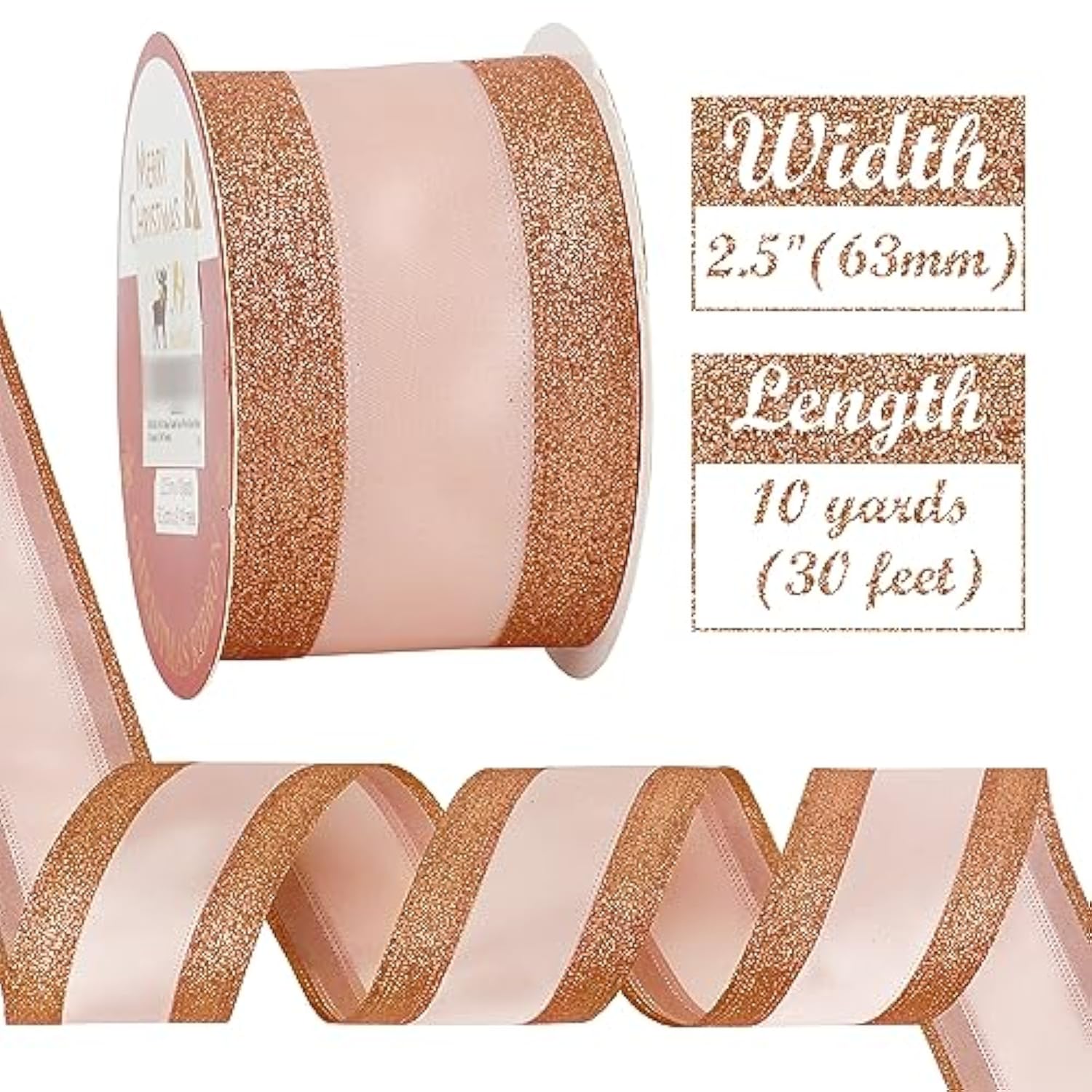 Rose Gold Wired Satin Ribbon With Glitter Stripe Edges 2.5 Inch, Rose Gold Christmas Ribbon For Tree, Bows Making, Wreath Supplies, Gift Wrapping Garland, Home Decor, Crafts -10 Yards