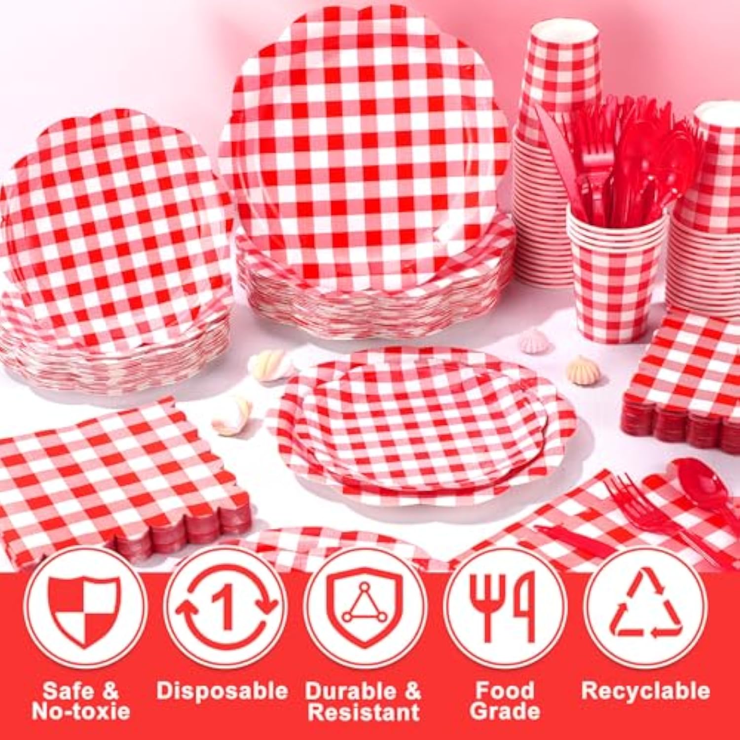 400 Pcs Gingham Party Supplies For 50 Guests Red And White Paper Plates And Napkins Knives Spoon Fork Cup Disposable Checkered Dinner Party Set Cutlery For Baby Shower Wedding Favor