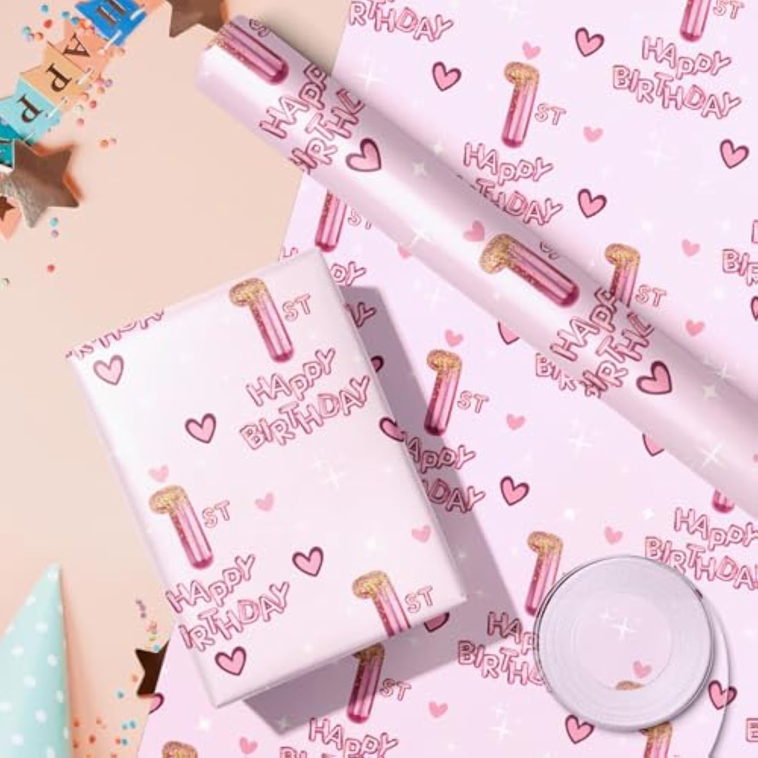 1St Birthday Wrapping Paper Girls, Hearts And Pink Number 1 Balloons Happy Birthday Design, 1 Year Old, Mini Roll, 17 Inches X 16.4 Feet, Perfect For Girls' Birthday Party Gifts